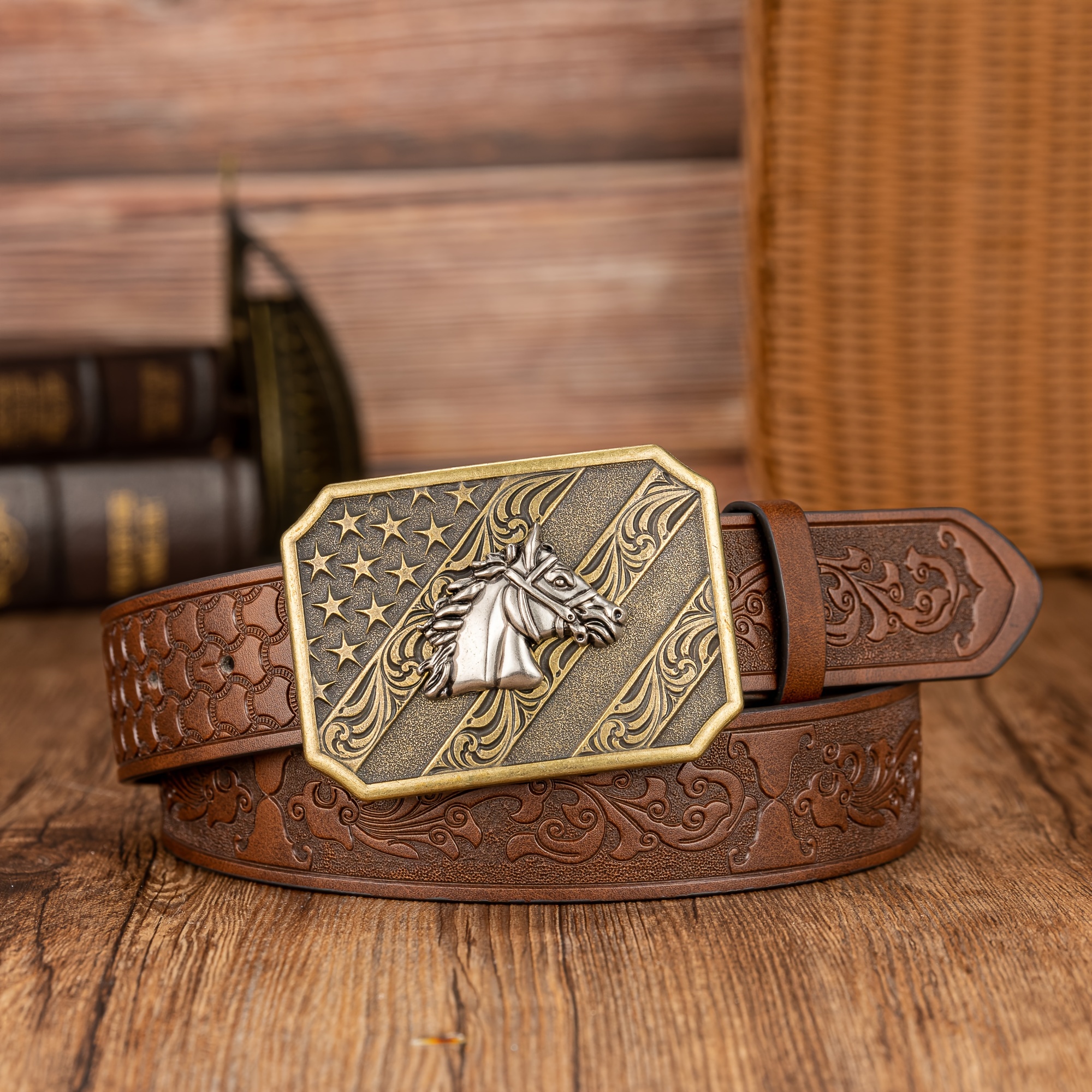 Western Cowboy Retro Horse Buckle Belt, Fashion Casual Business Men's  Embossed Pu Leather Belt - Temu