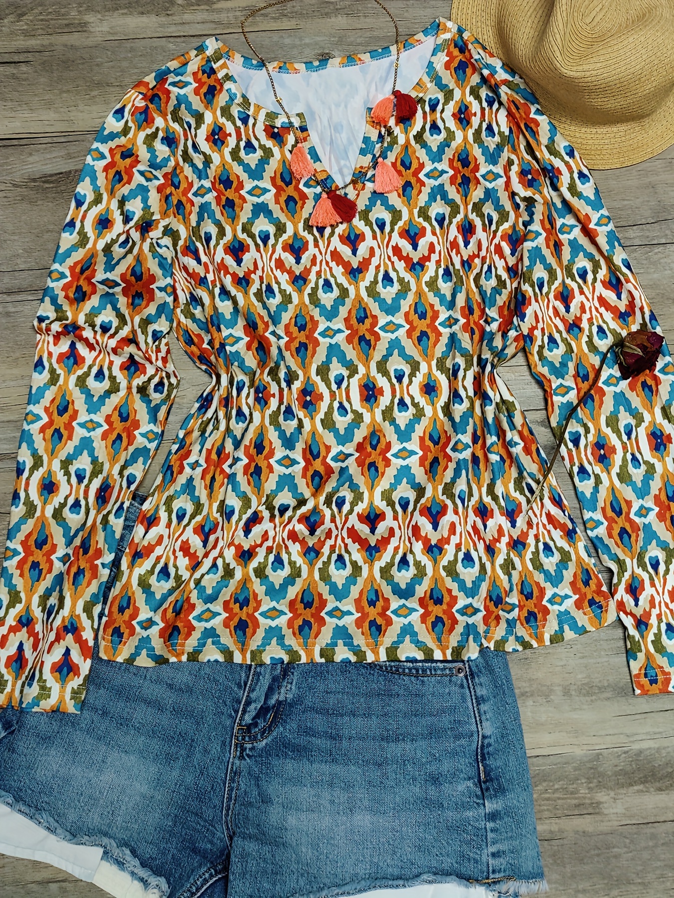 aztec print notched neck t shirt boho long sleeve ethnic t shirt womens clothing mixed color 14 2