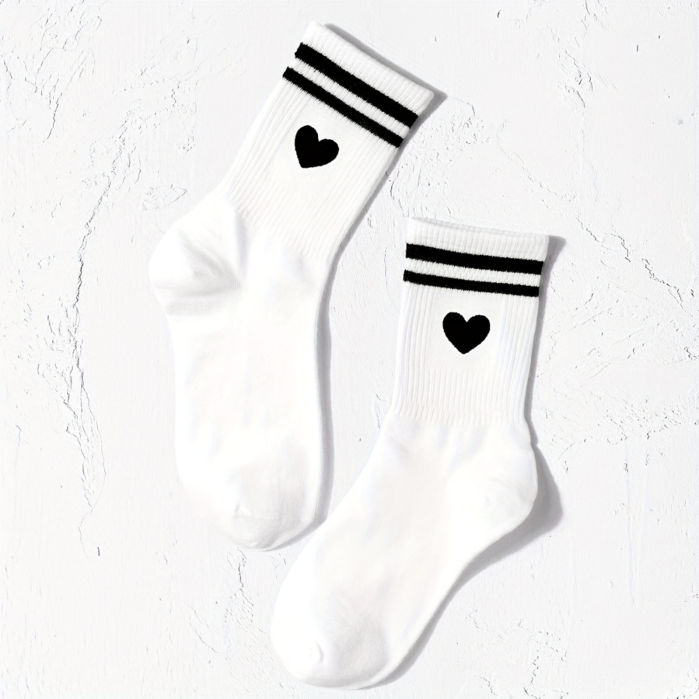 

Heart & Striped Print Socks, Sports & Breathable Mid Tube Socks, Women's Stockings & Hosiery