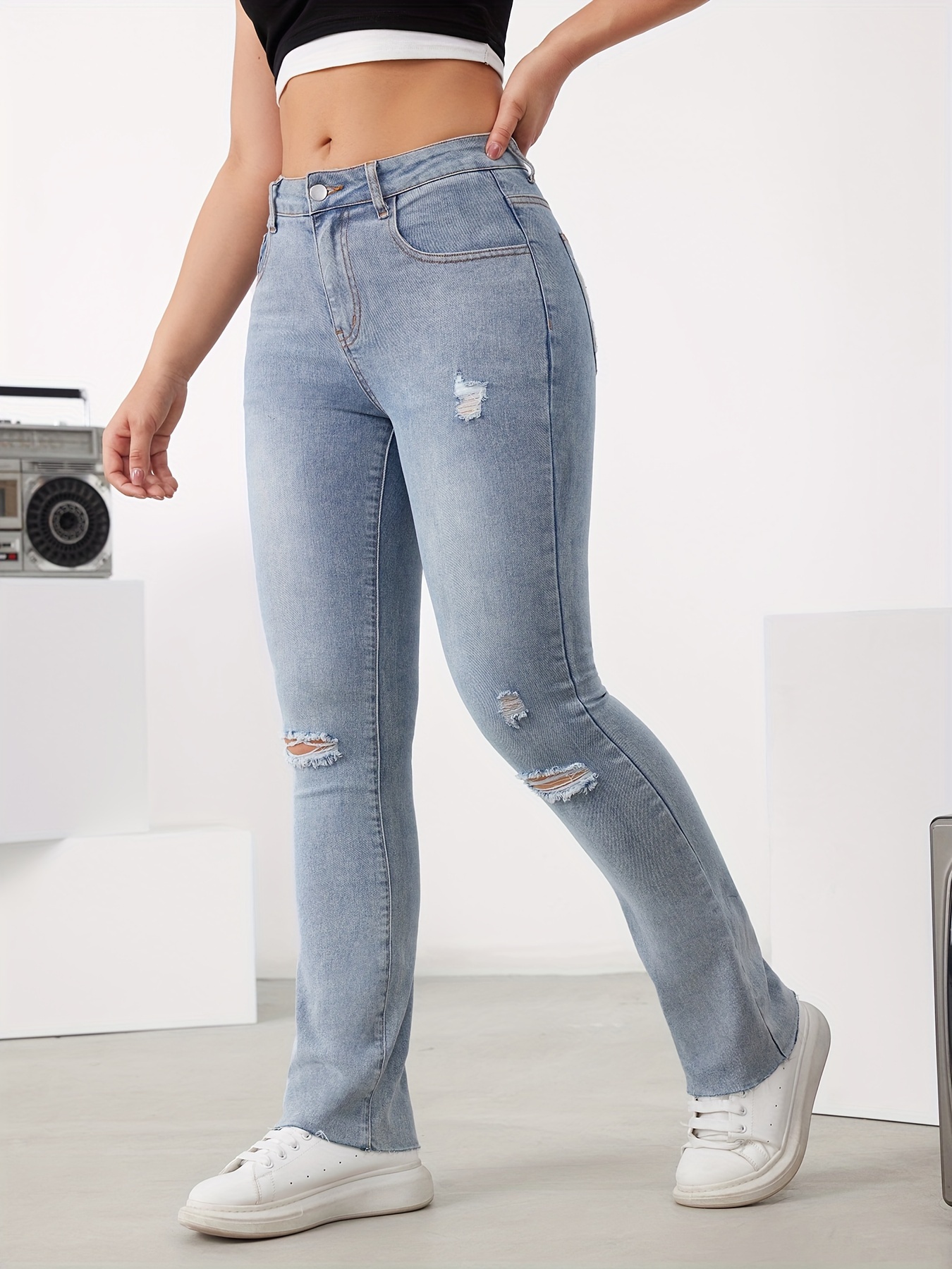YWDJ Womens Jeans High Waisted Women Slim Washed Ripped Hole