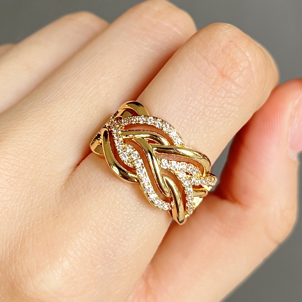 Image of Fashion Golden Hollow Geometric Micro-pave Cubic Zirconia Braid Ring Women's Engagement Wedding Party Promise Wide Ring Jewelry Gift