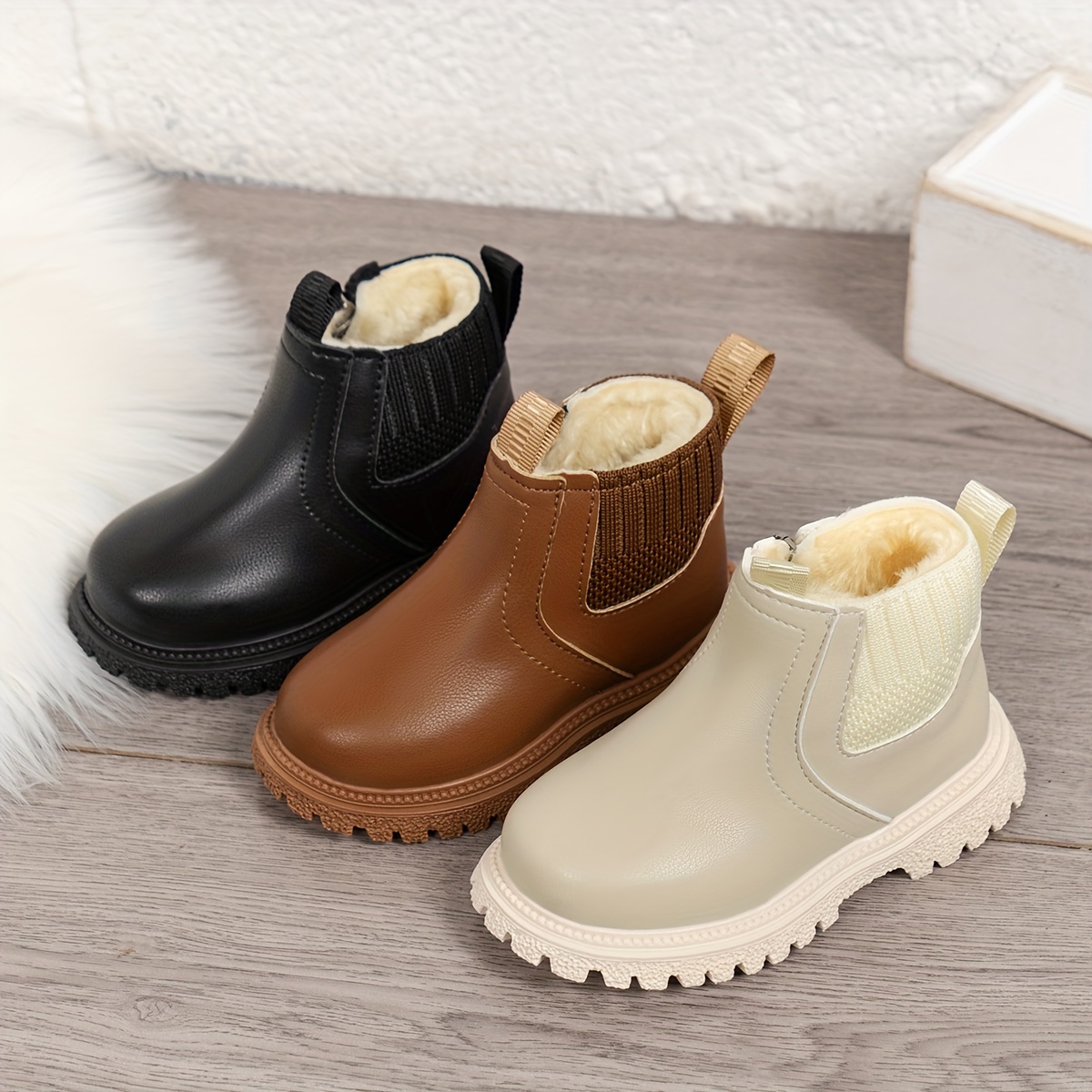 Trendy Solid Color Plus Fleece Boots With Zipper For Boys, Comfortable Warm Non-slip Boots For Winter