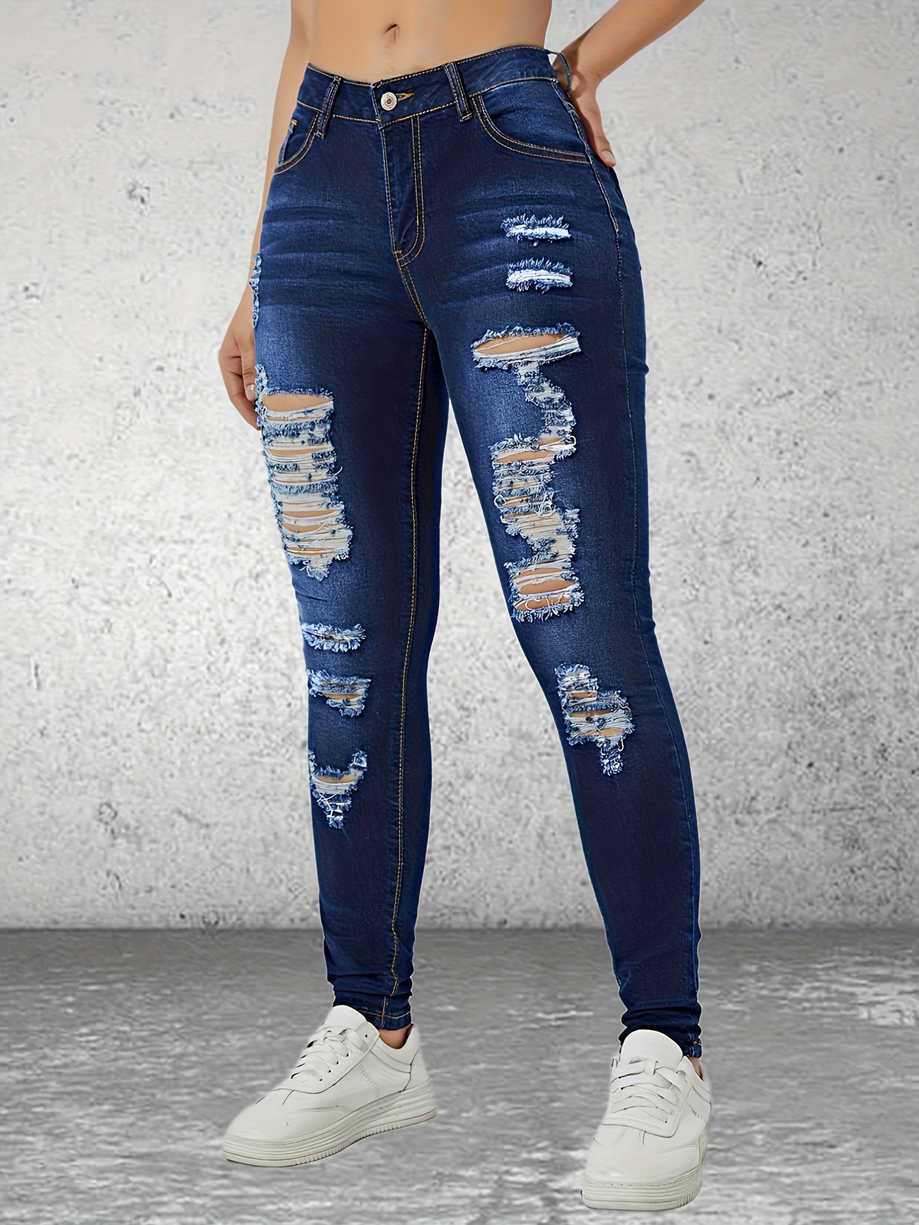 Blue Ripped Holes Skinny Jeans Distressed High stretch Slim - Temu