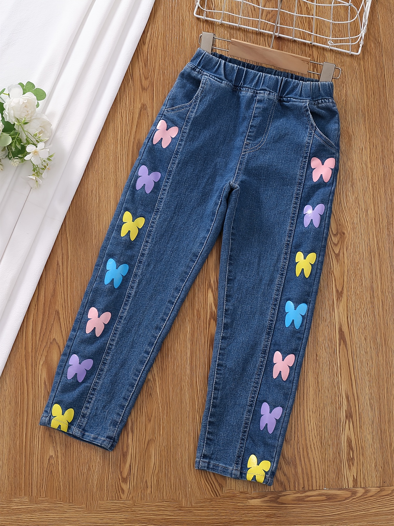  Jeans largos con estampado de mariposas para niña, cintura  elástica, pantalones largos de mezclilla con bolsillos laterales, bonitos  pantalones casuales, Azul / Patchwork, 5 : Ropa, Zapatos y Joyería