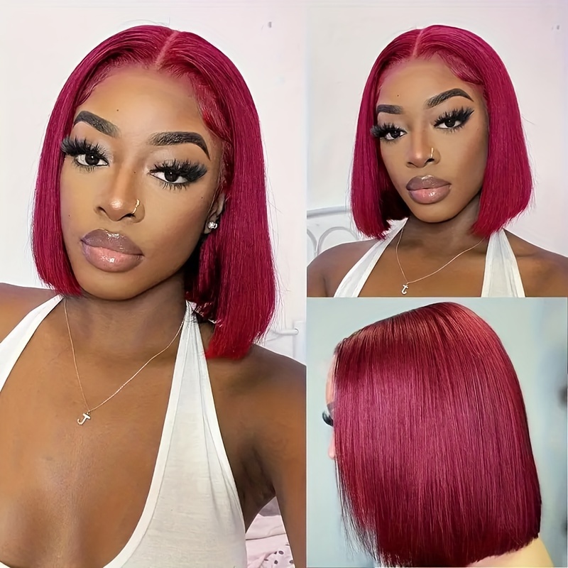 99j Burgundy Short Bob Wig 4x4 Closure Lace Front Human Hair - Temu