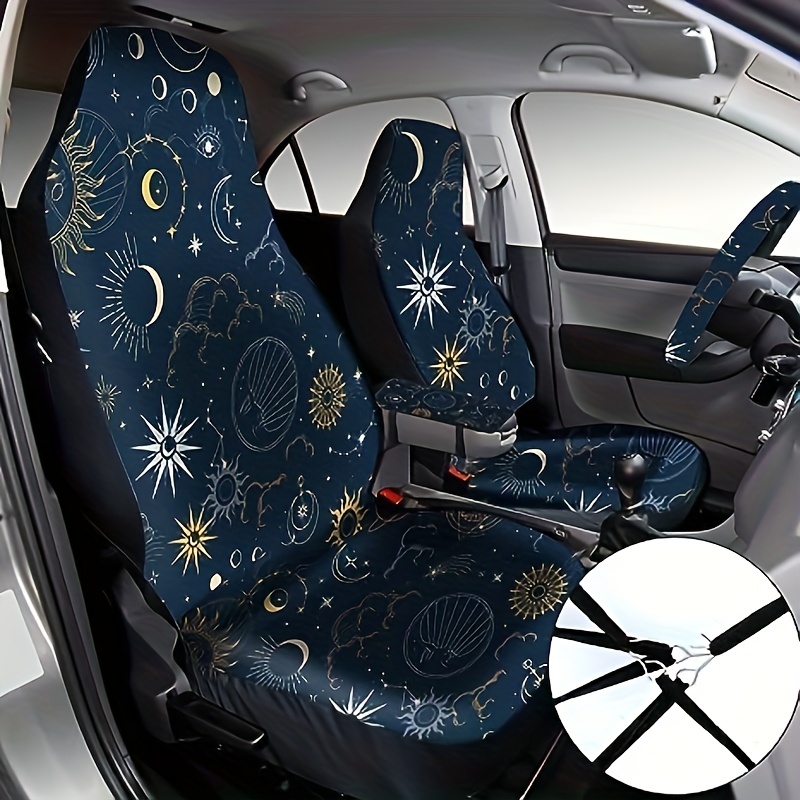 

10pcs Sun And Moon Car Seat Cover Set Steering Wheel Cover Front Cup Holder Key Ring Armrest Pad Waist Belt Pad Wrist Strap Trim Accessories