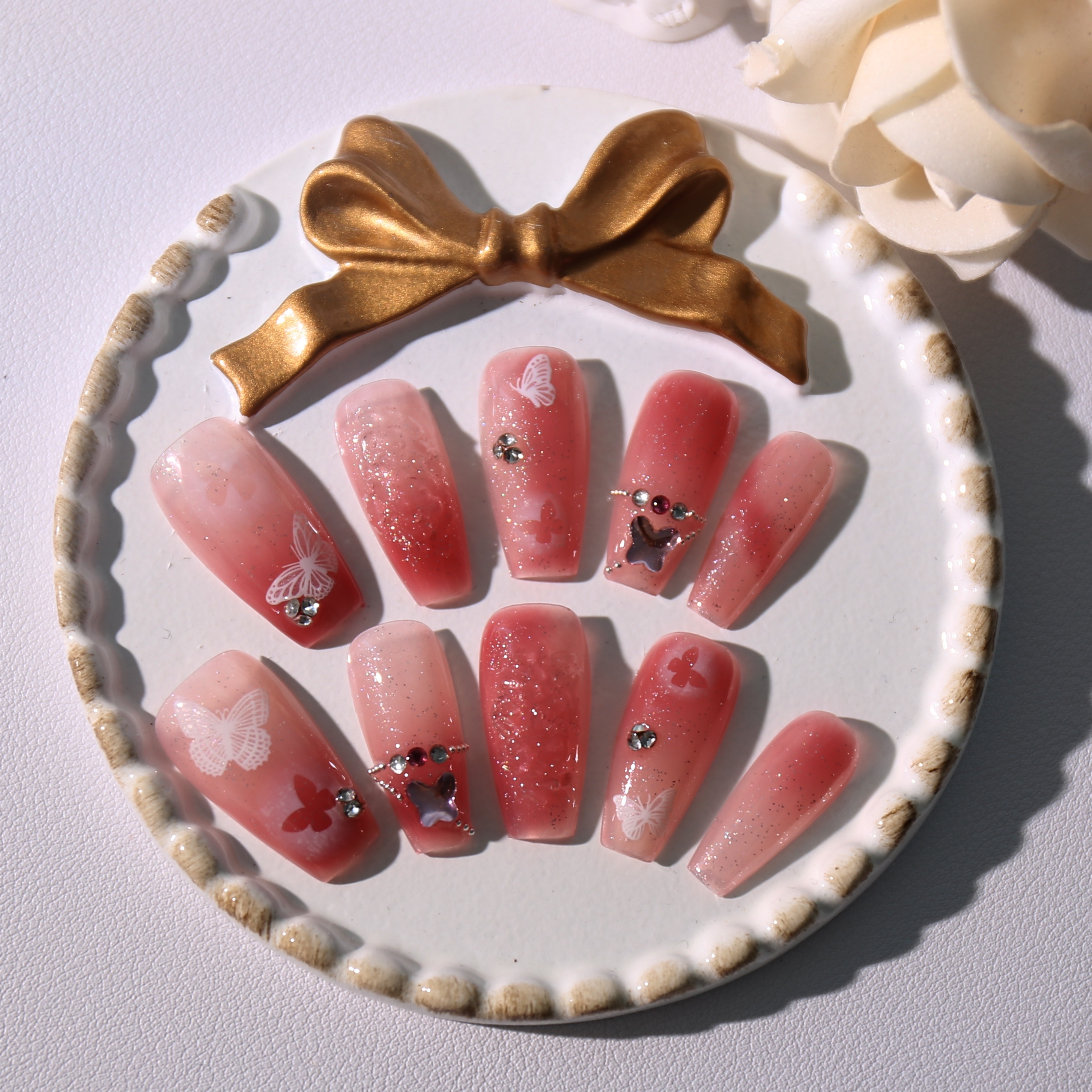 Glossy Red Rhinestone Press On Nails For Women And Girls - Temu