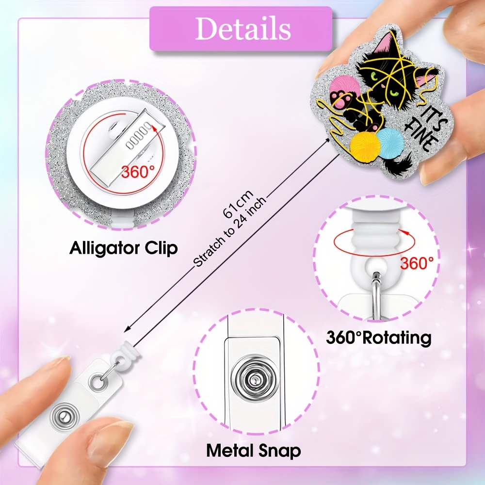 ERHACHAIJIA,Flower,It's Fine Retractable Silvery Glitter Badge Reel with Clip, Funny Black Cat ID Card Badge Holder Gift for Nurses Doctors Office