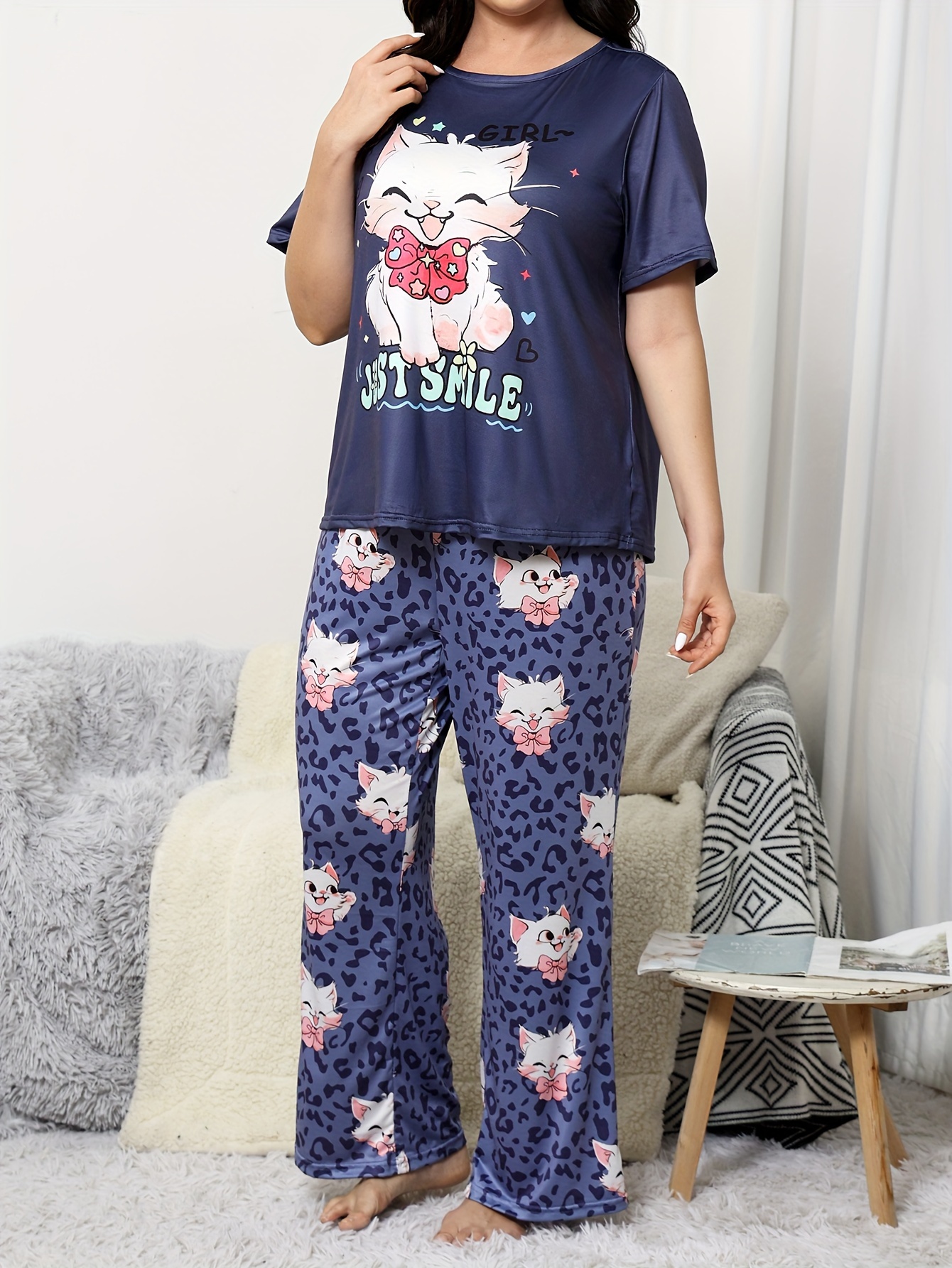 Women's Casual Pajamas Set Plus Size Cute Cat Leopard Print - Temu