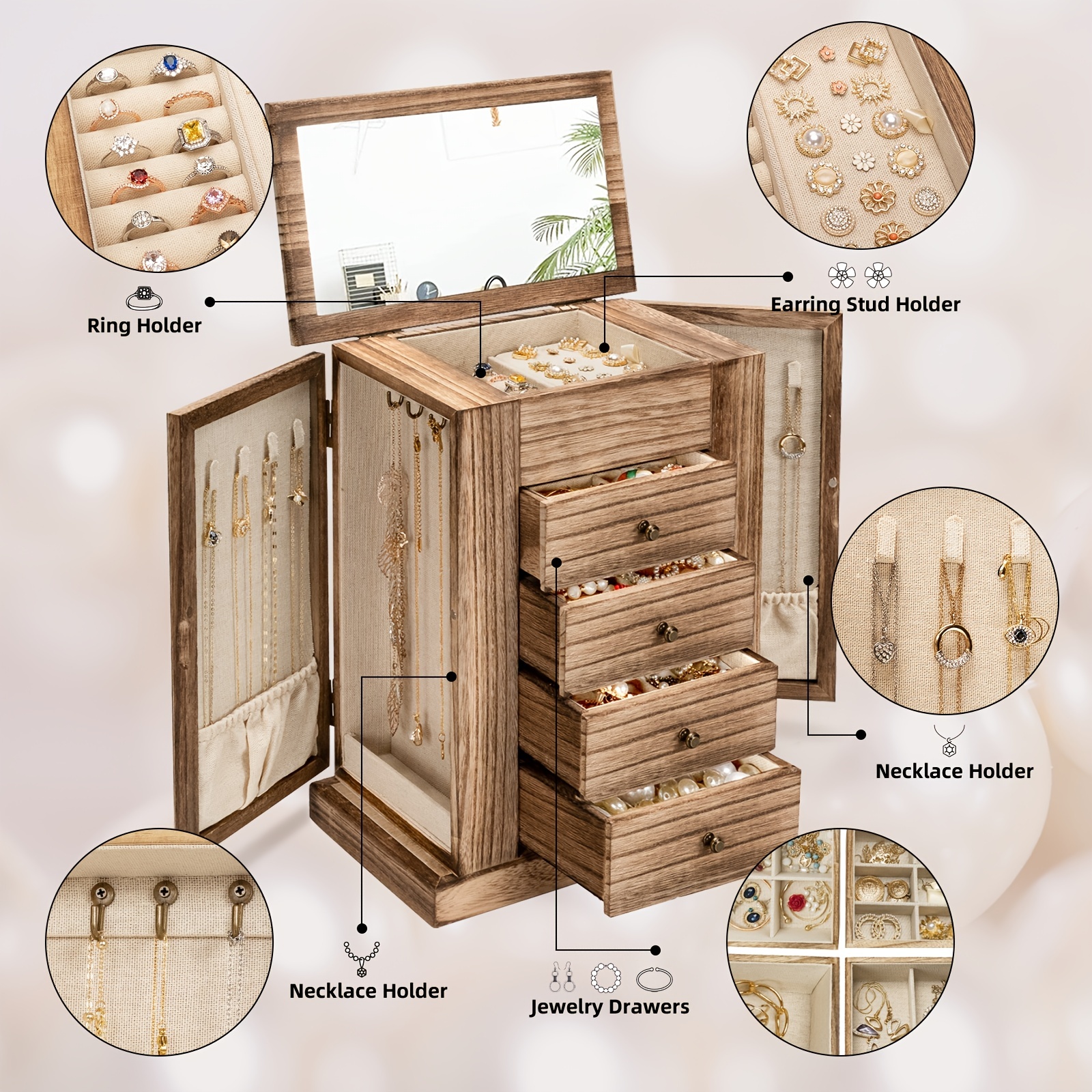 1pc Rustic 5-Layer Wood Jewelry Box with Mirror and Drawers for Women -  Organize Necklaces, Earrings, Rings, and Bracelets