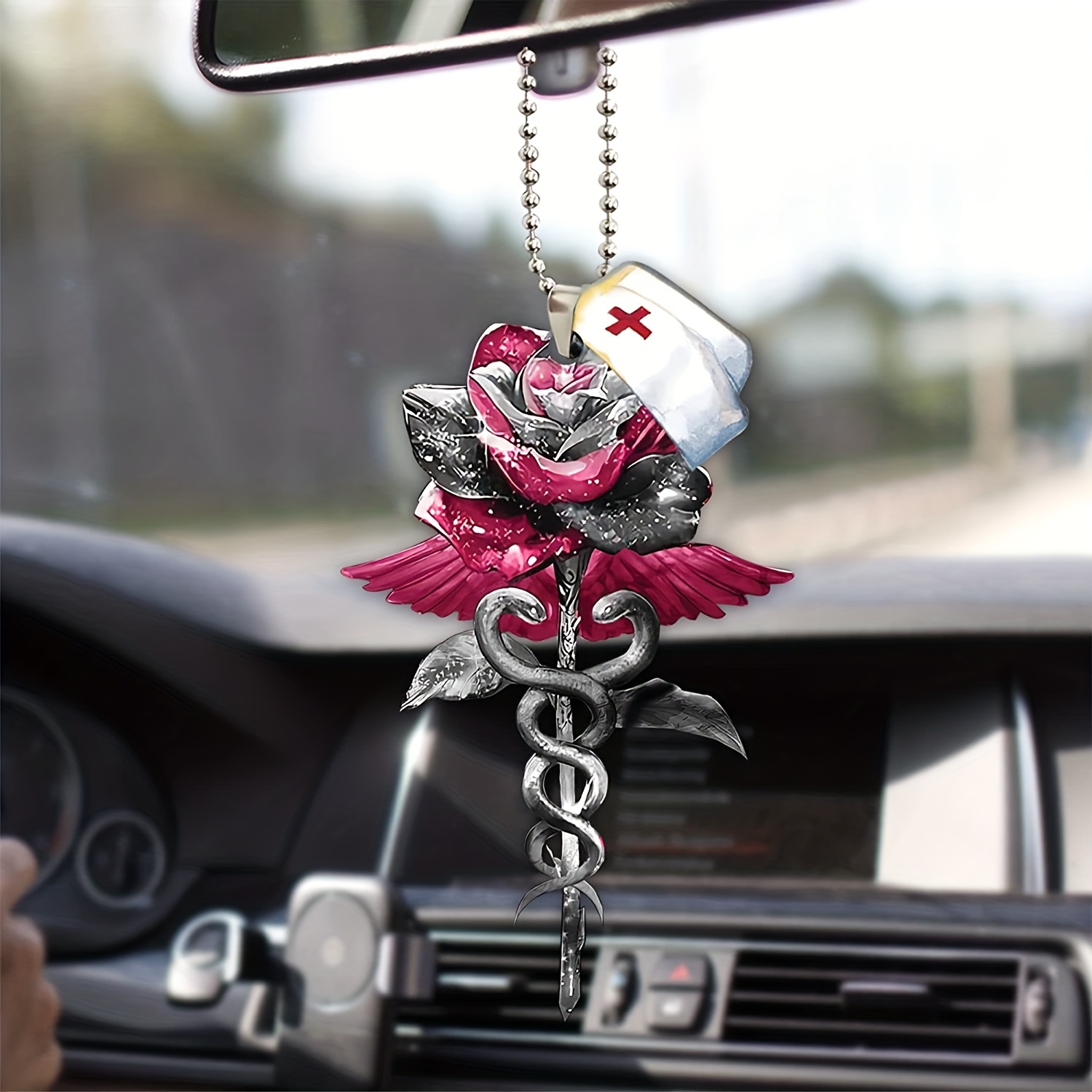 Rosaire auto rose, perles de fleurs roses, Chapelet rétroviseur