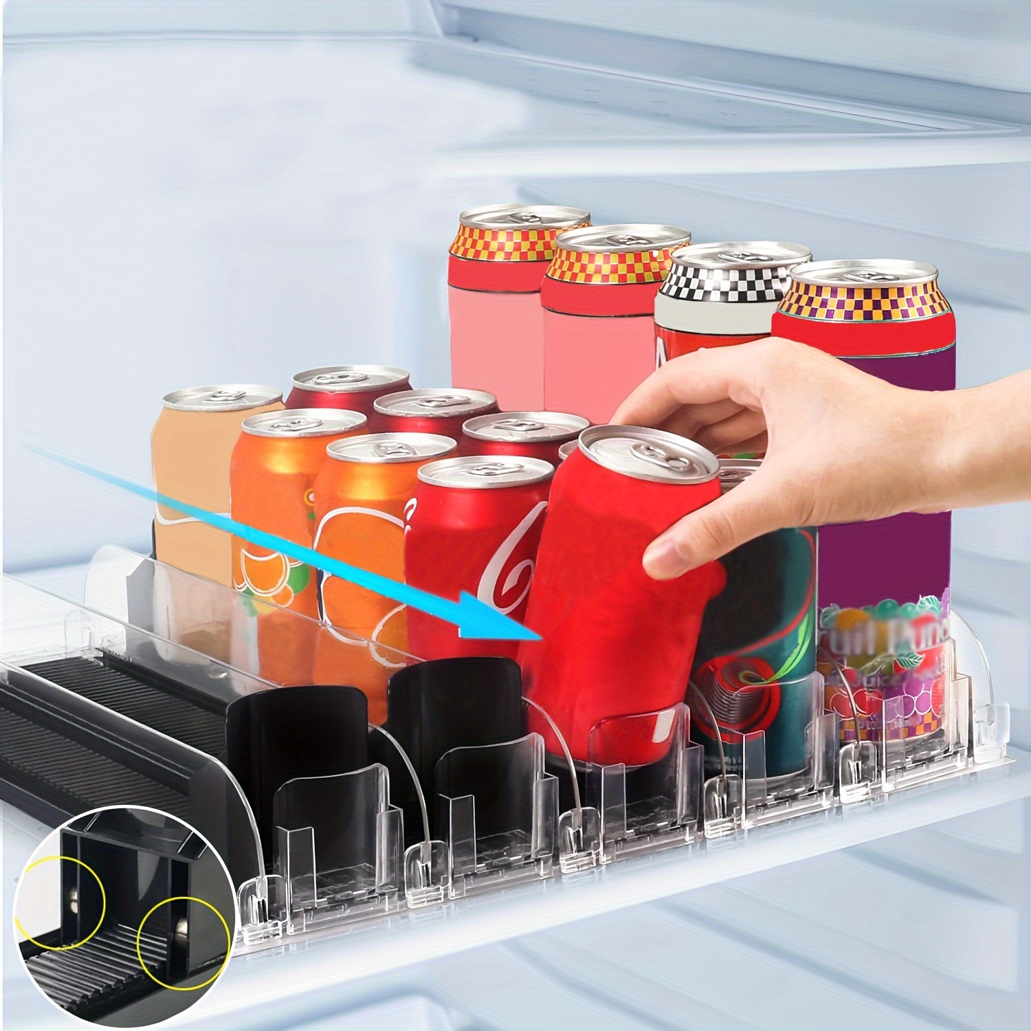 Drink Organizer for Fridge, Self Pushing Soda Can Dispenser for Refrige, 5  Row Black Ajustable, Beer Pop Can Water Bottle Storage Pantry 