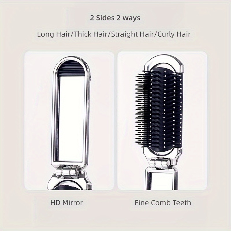 1pcs silvery folding comb with makeup mirror portable hairdressing ocmb scalp massage hair comb for daily travel outgoing use details 0
