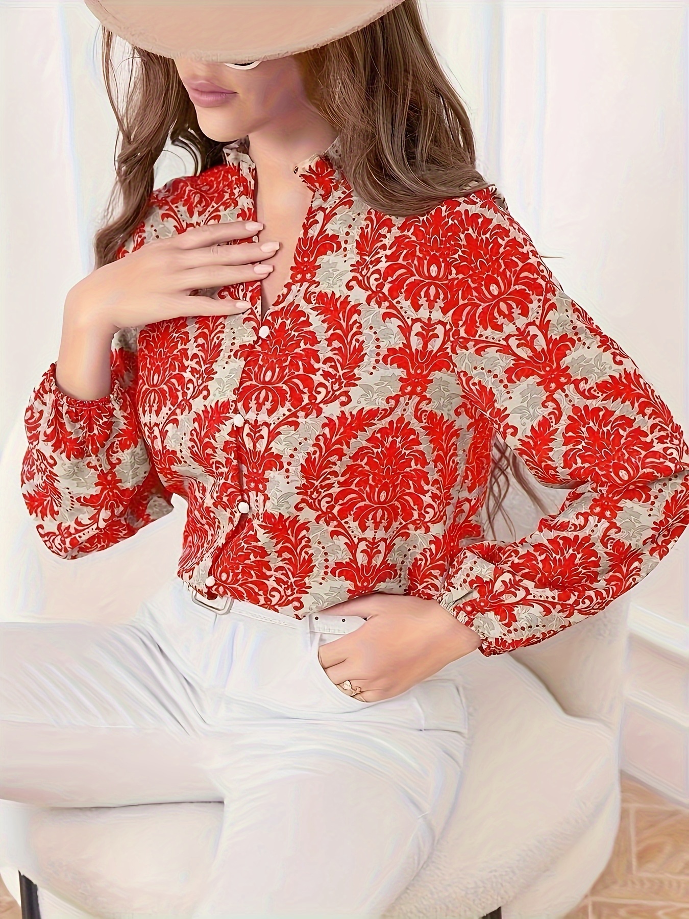 Ethnic Floral Print Blouse Boho V Neck Long Sleeve Blouse - Temu