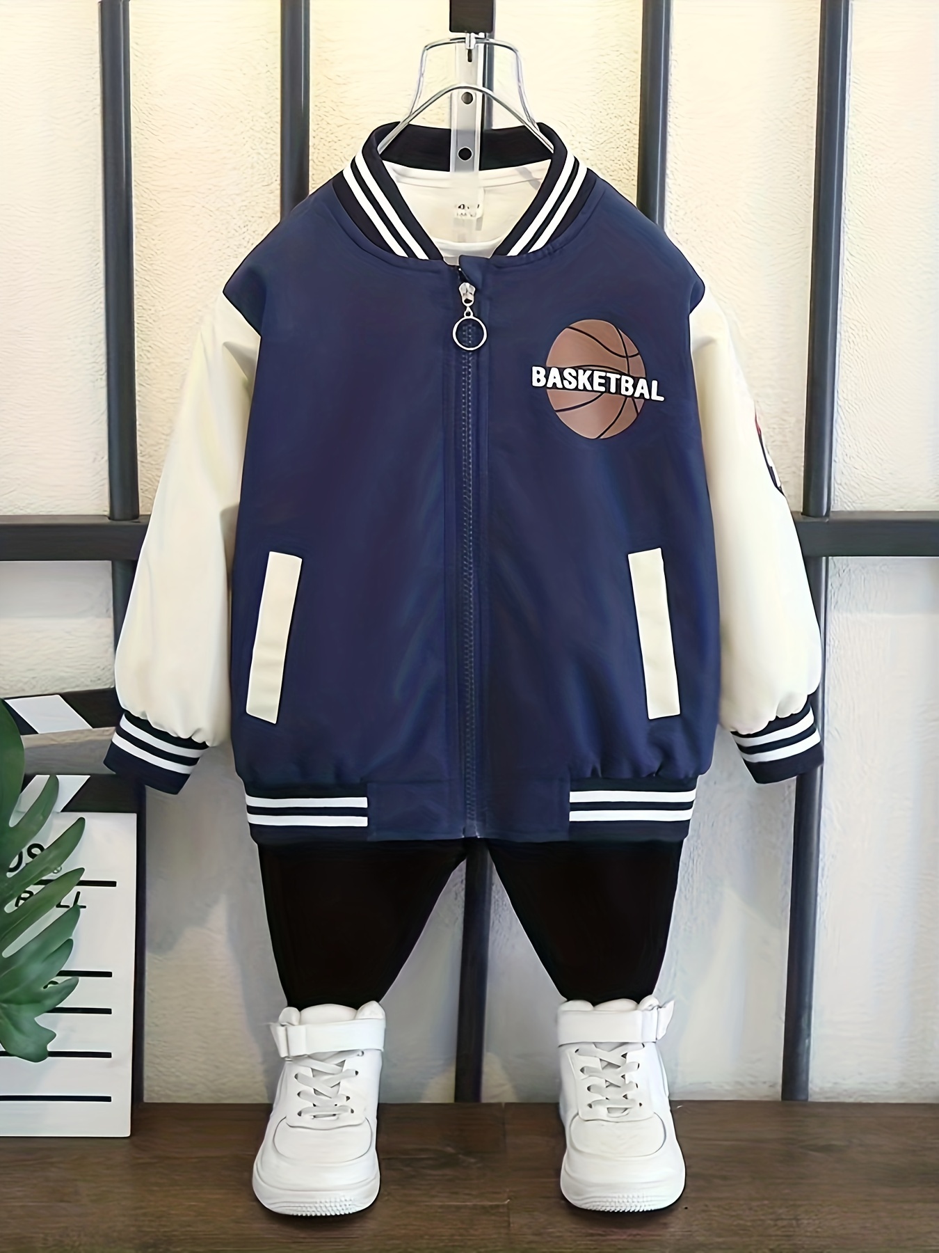 Kid's Basketball Print Varsity Jacket, Zip Up Long Sleeve Coat, Casual  Bomber Jacket, Boy's Clothes For Spring Fall Outdoor - Temu