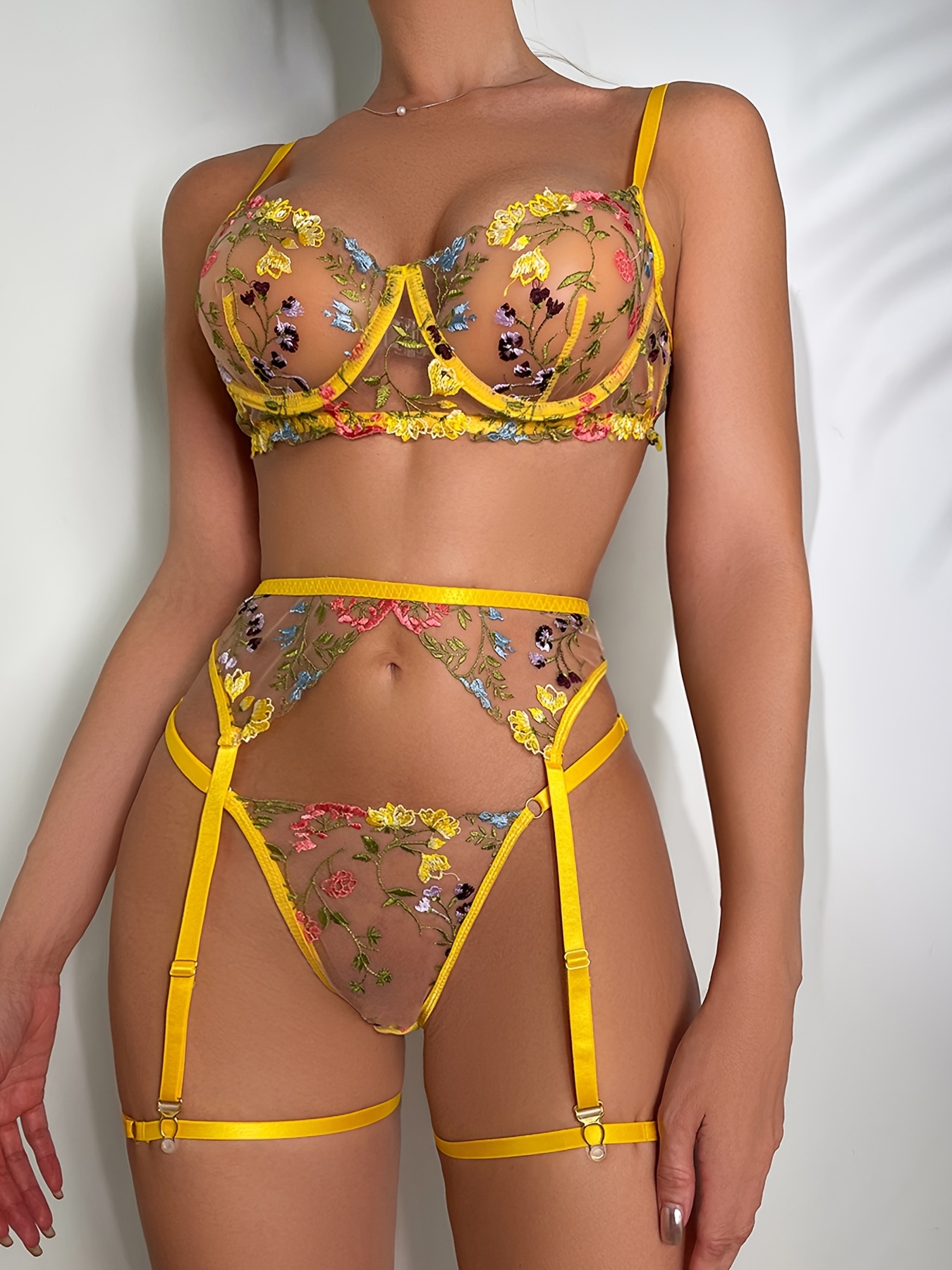 Women's Lingerie Set with Lace Garner Fun Underwear Yellow Flower  Embroidery Bra Sexy See Through Underwear Set