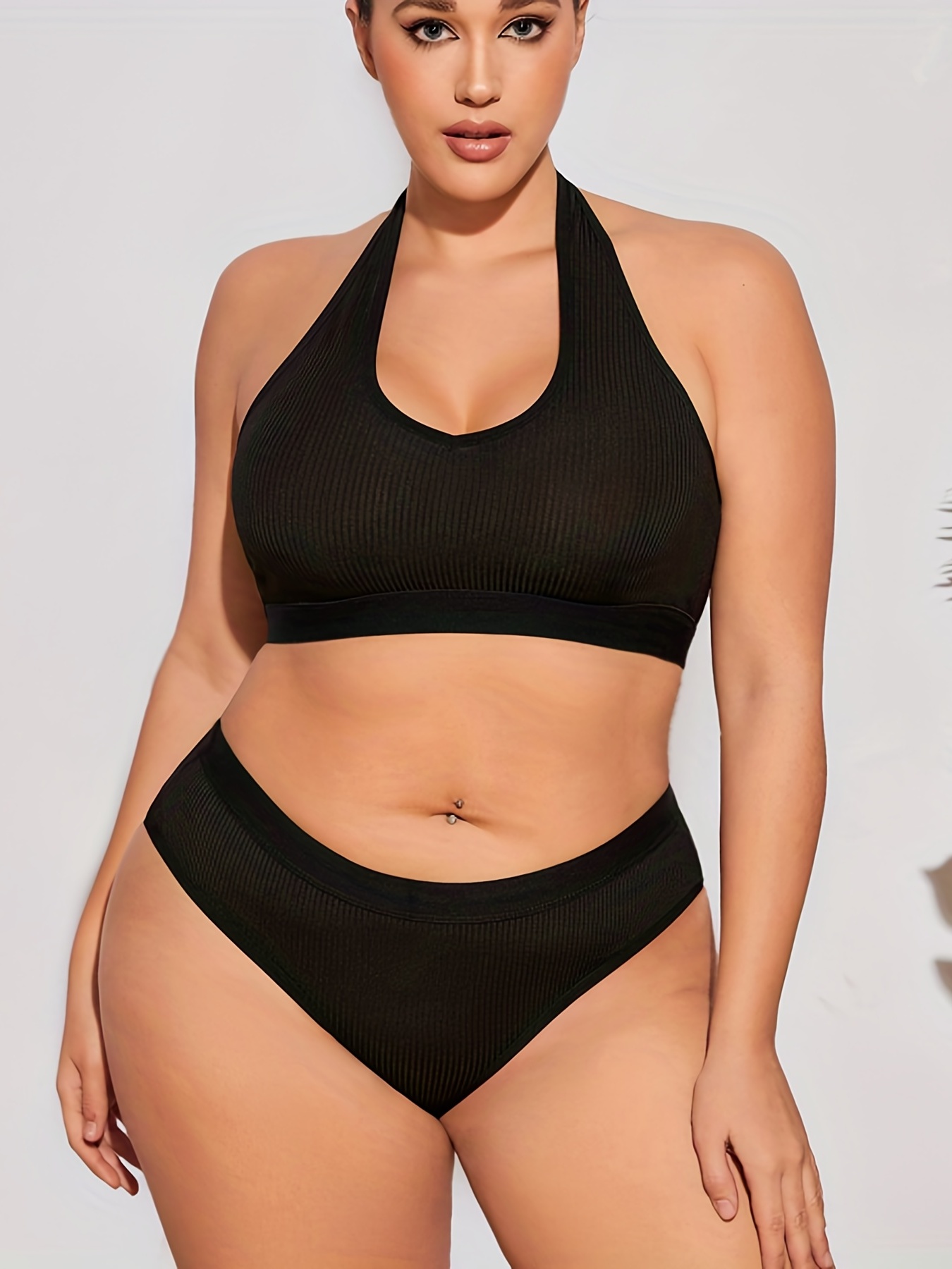 Plus Size Sexy Lingerie Set Women's Plus Solid Ribbed - Temu Canada