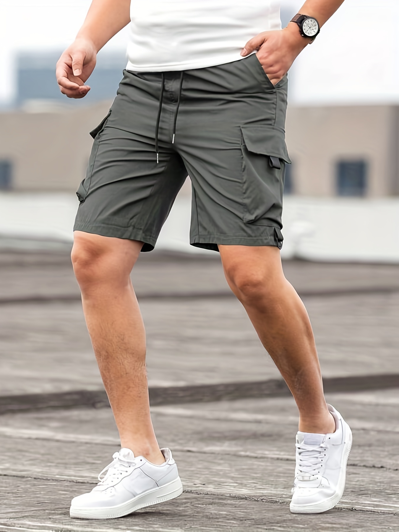  Pantalones cortos de deporte al aire libre para hombre,  primavera y verano, color sólido, suelto, casual, para fitness, con  múltiples bolsillos, para deportes al aire libre, Blanco : Ropa, Zapatos y