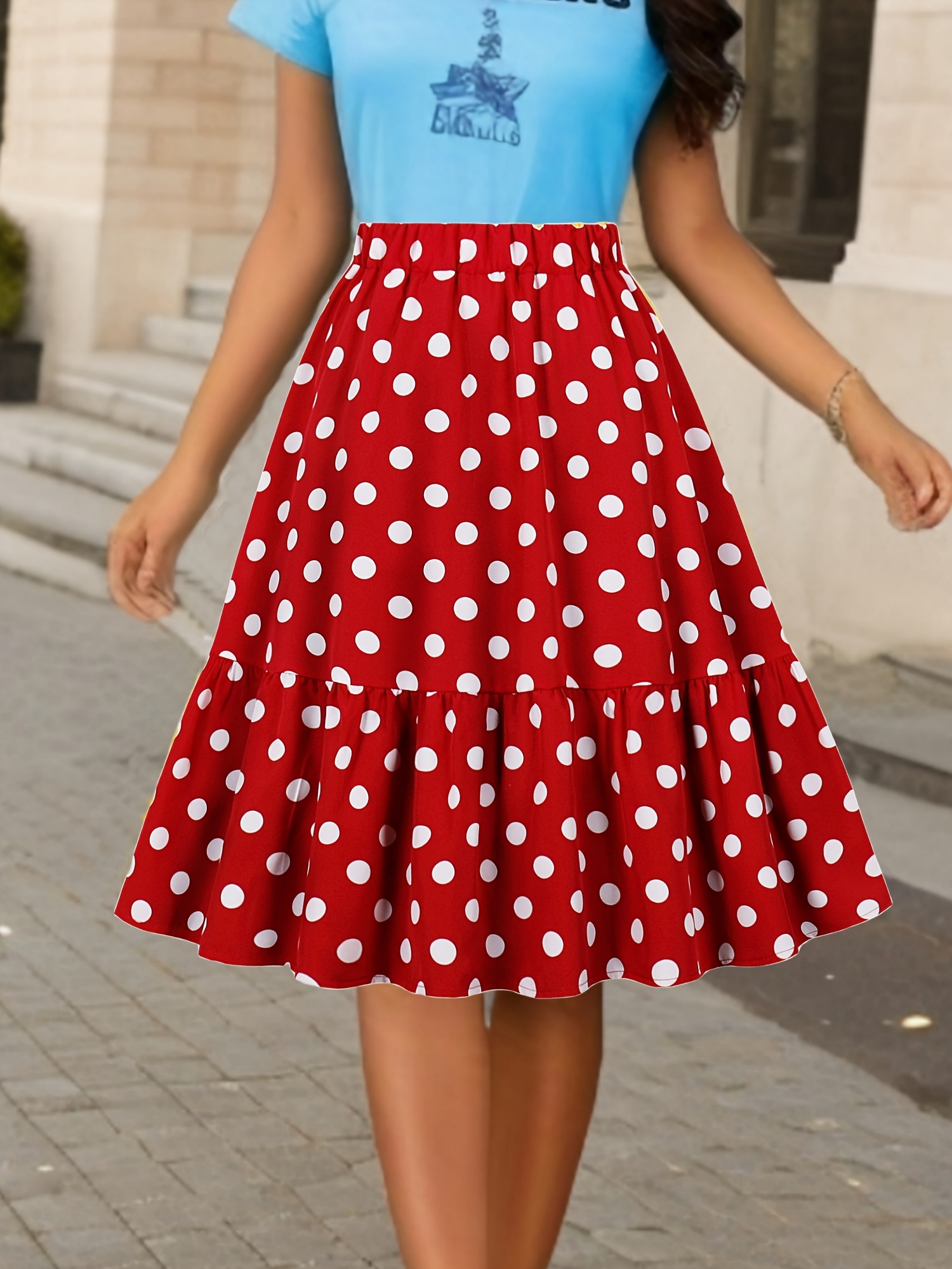 Polka Dot Print Elastic Waist Skirt Elegant Loose Skirt Temu Ireland