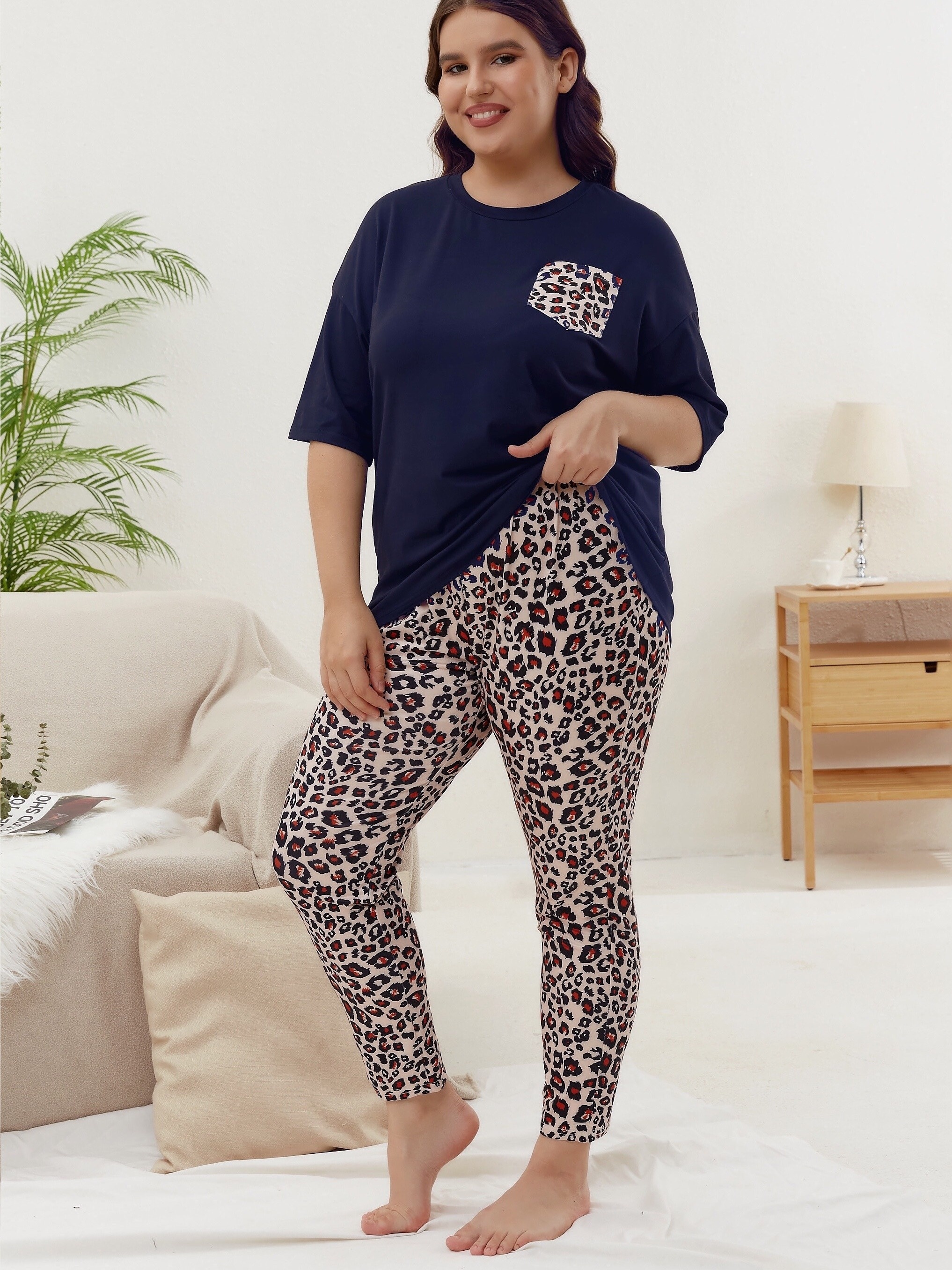 Leopard Print Pajama Set Short Sleeve Top & Pants