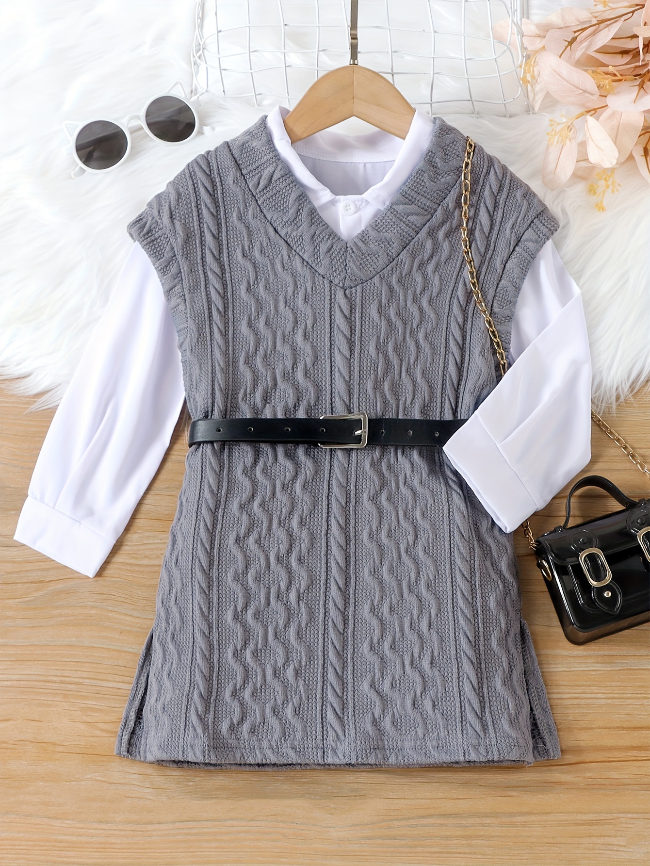 2pcs Toddler Girl Elegant Lapel Collar White Shirt Dress and Cable Knit Vest Set