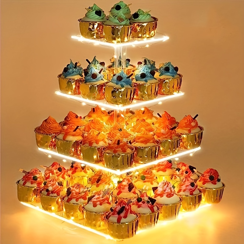 2 soportes de madera de 4 niveles para tartas con luces LED, soporte  redondo de torre para 50 cupcakes, soporte de nivel rústico para tartas