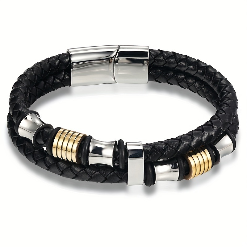 

1pc Trendy Retro Double Braided Leather Bracelet For Men For Daily Decoration, Gift For Family And Friends, Holiday Birthday Gift For Boyfriends/ Girlfriends