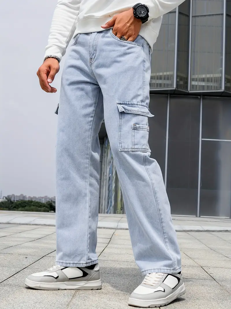 Multi Pocket Loose Fit Jeans Men\'s Casual Street Style Denim - Temu