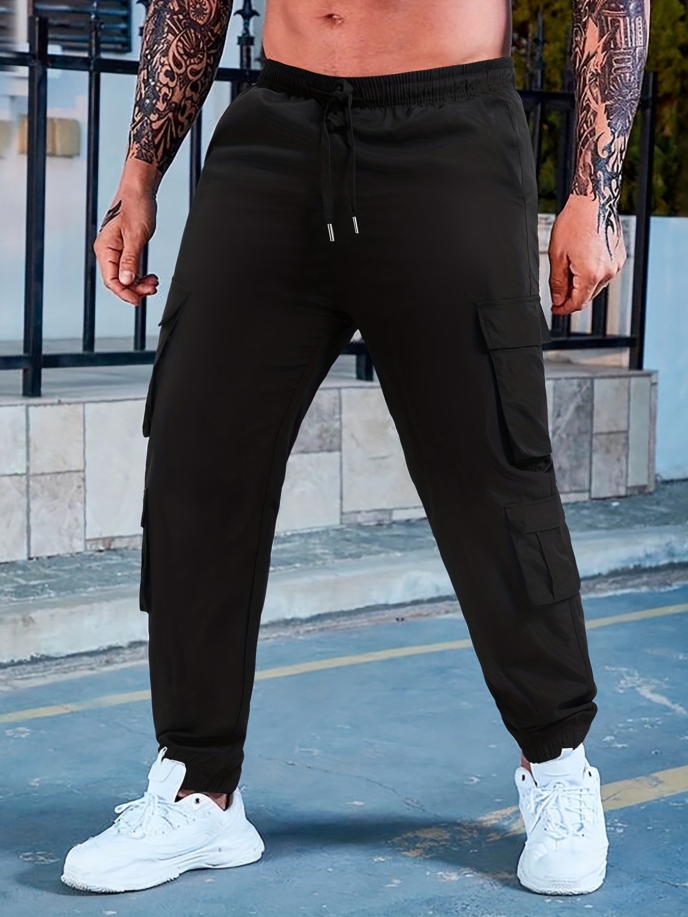 Men Cargo Pants Loose Elastic Waist Oversized Khakis Trousers Multi Pocket  Grey