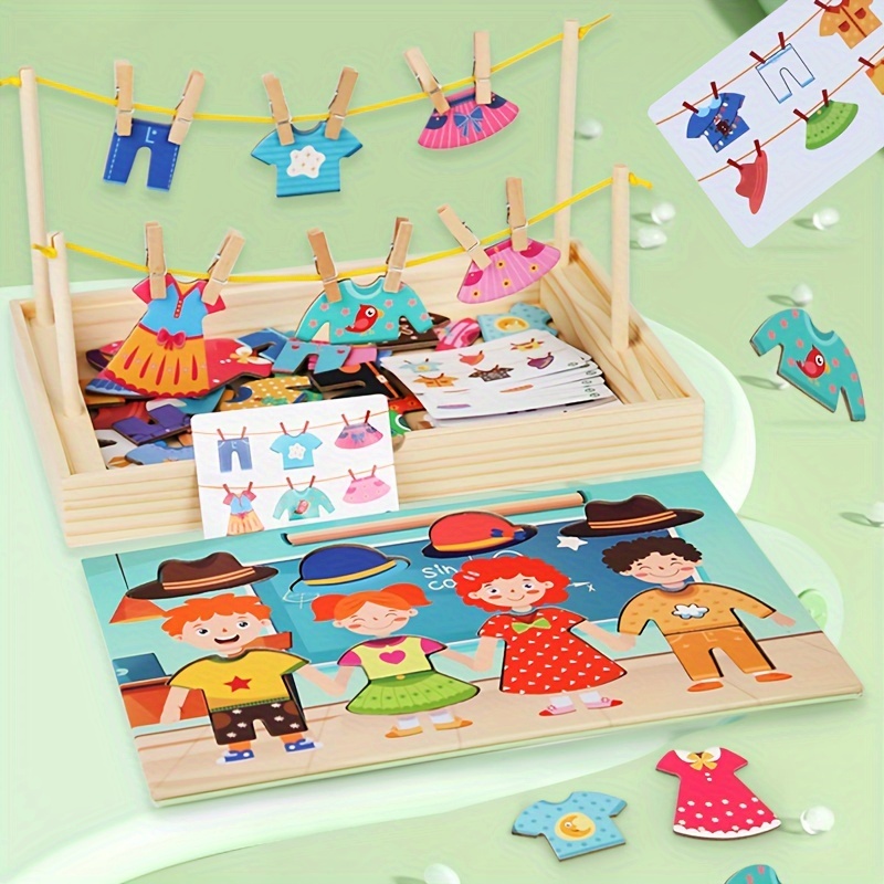 

Children's Wooden Clothes Changing Puzzle , Logic Thinking Training, Fine Motor Training, Hand-eye Coordination Training, Clothes Drying Changing Game, Two-in-one Desktop Educational Toy