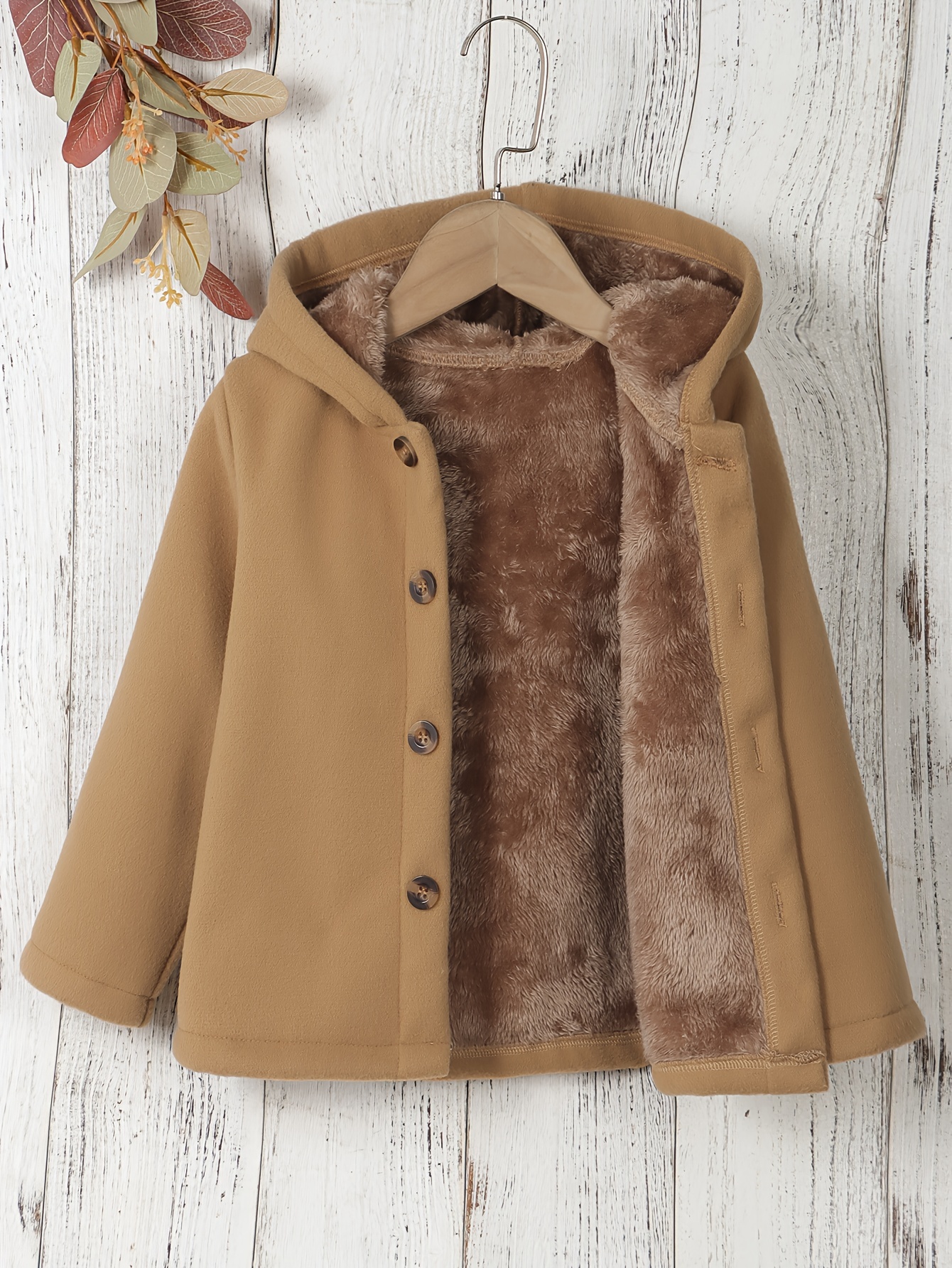 Girls' Thick Hooded Fleece Coat, Warm Button-Up Jacket