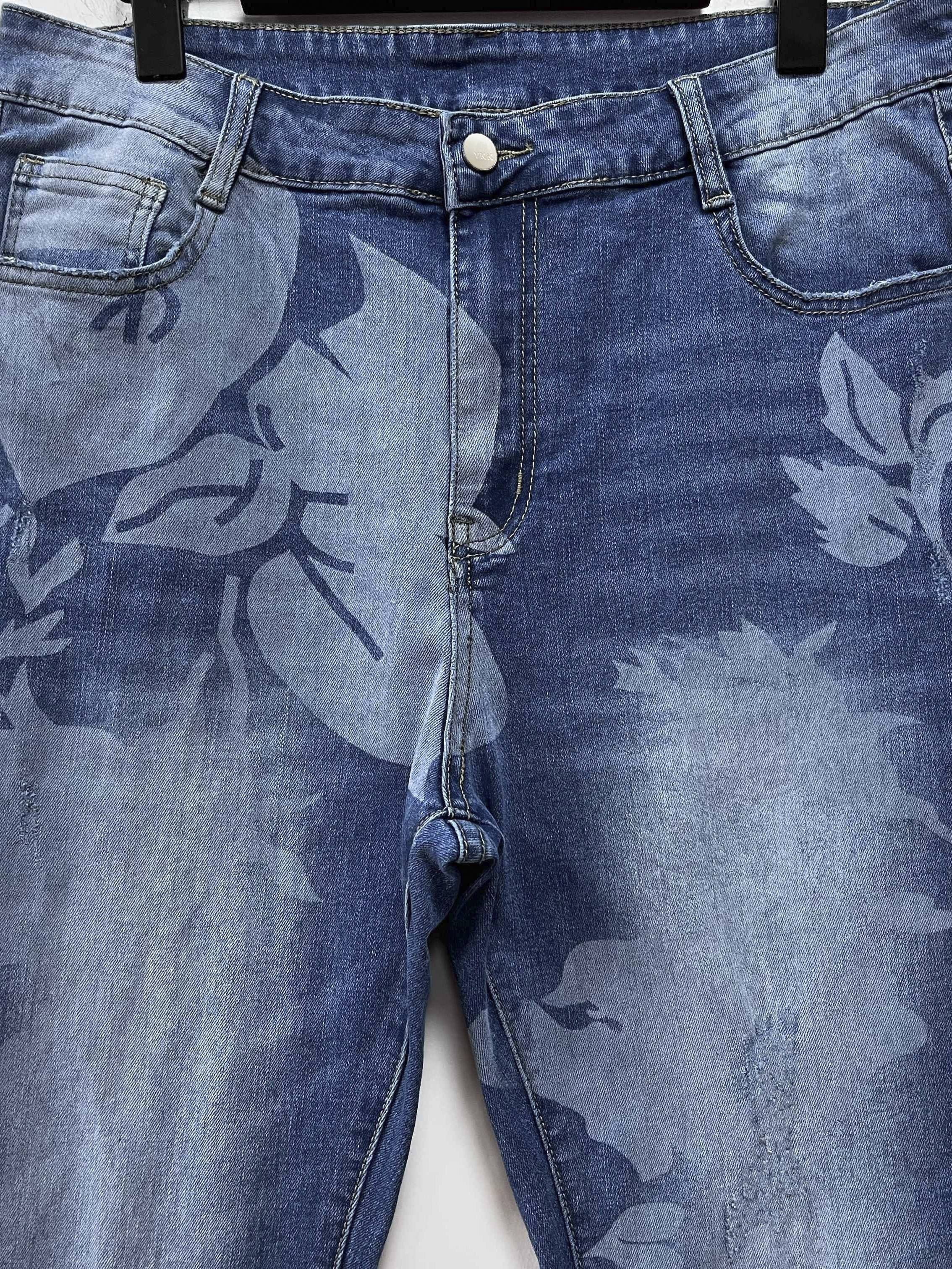 Plus Size Casual Jeans, Women's Plus Leaf Print Washed Button Fly High Stretch Jeans - Temu