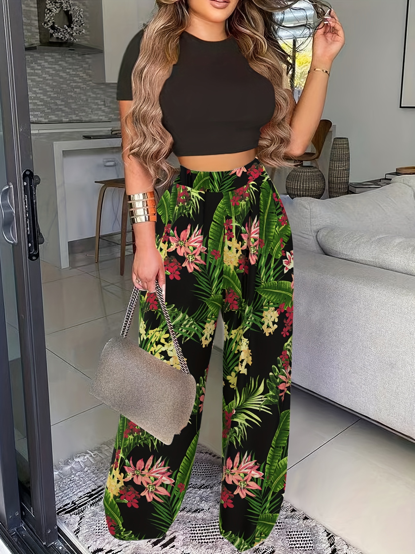 Casual Floral Print Matching Two piece Set Tank Top Wide Leg - Temu