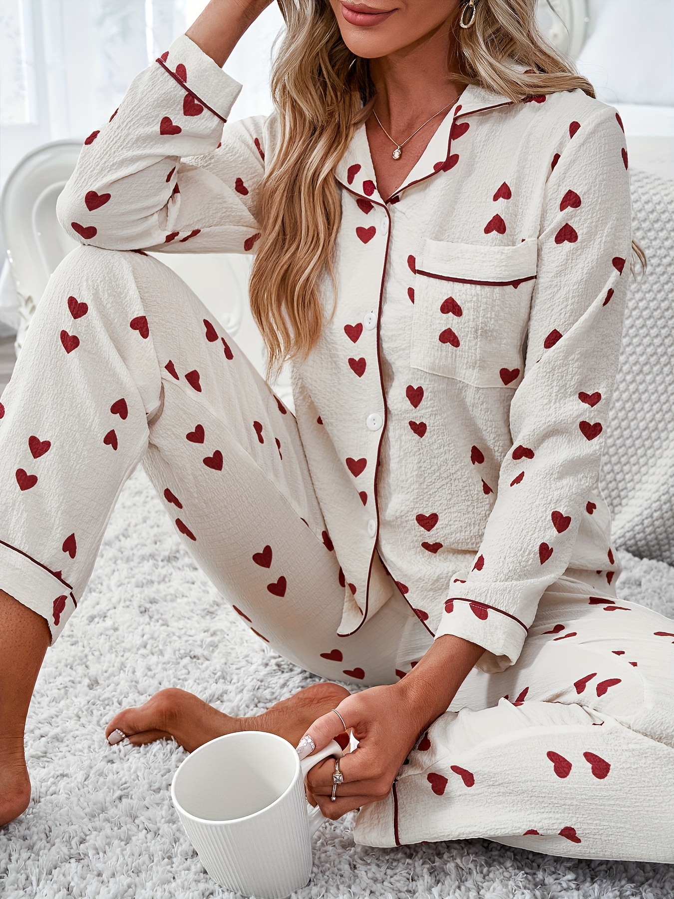 Heart Print Pajama Set, Short Sleeve Button Up Top & Lounge Pants, Women's  Sleepwear & Loungewear