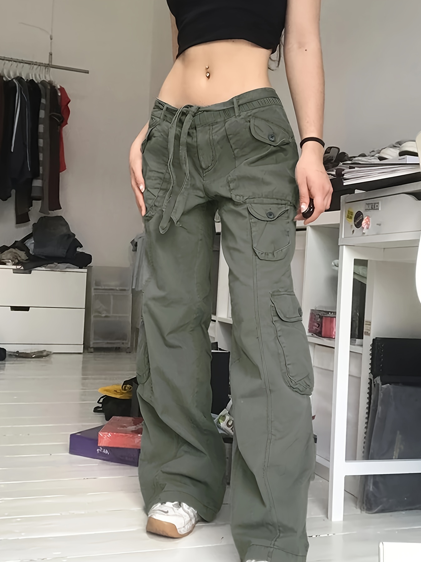 Fashion (army Green)Cargo Casual Pants Women Baggy Teens Trousers  Pantalones Uni Clothes High Waisted European Fashion Multi Pockets Temper  Chic DOU