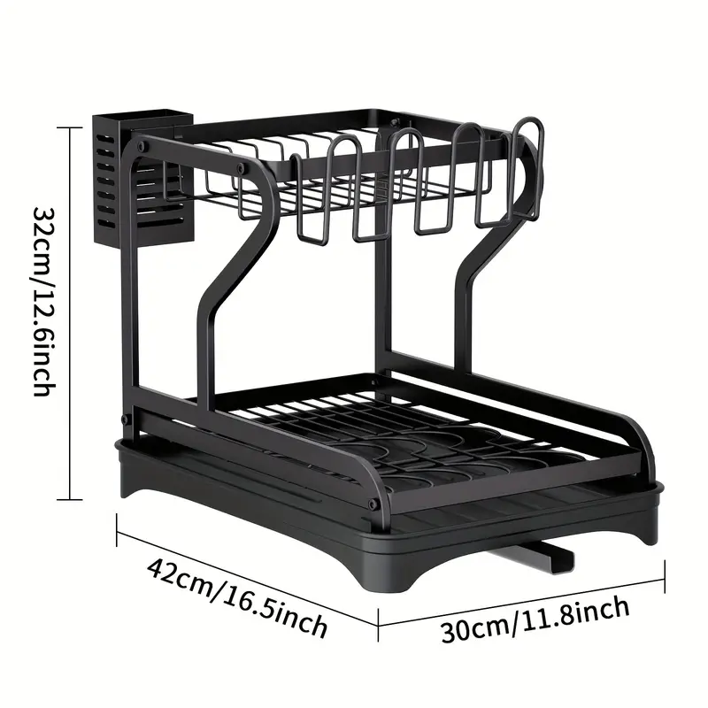 2-tier Dish Rack With Drainboard - Black Dish Drying Rack With Utensil And  Cup Holders - Kitchen Drying Rack For Dishes, Knives, Spoons, And Forks -  Efficient And Space-saving - Temu