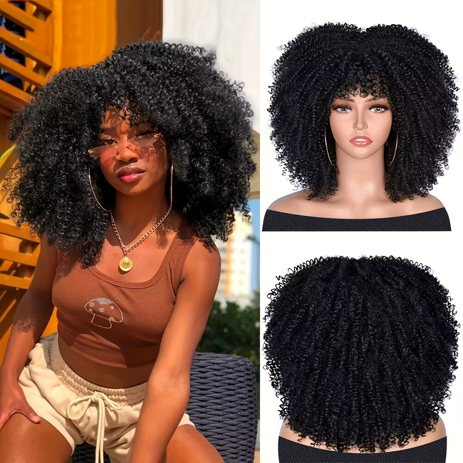 Short Afro Kinky Curly Wigs Bangs Women Synthetic Heat Temu 8298