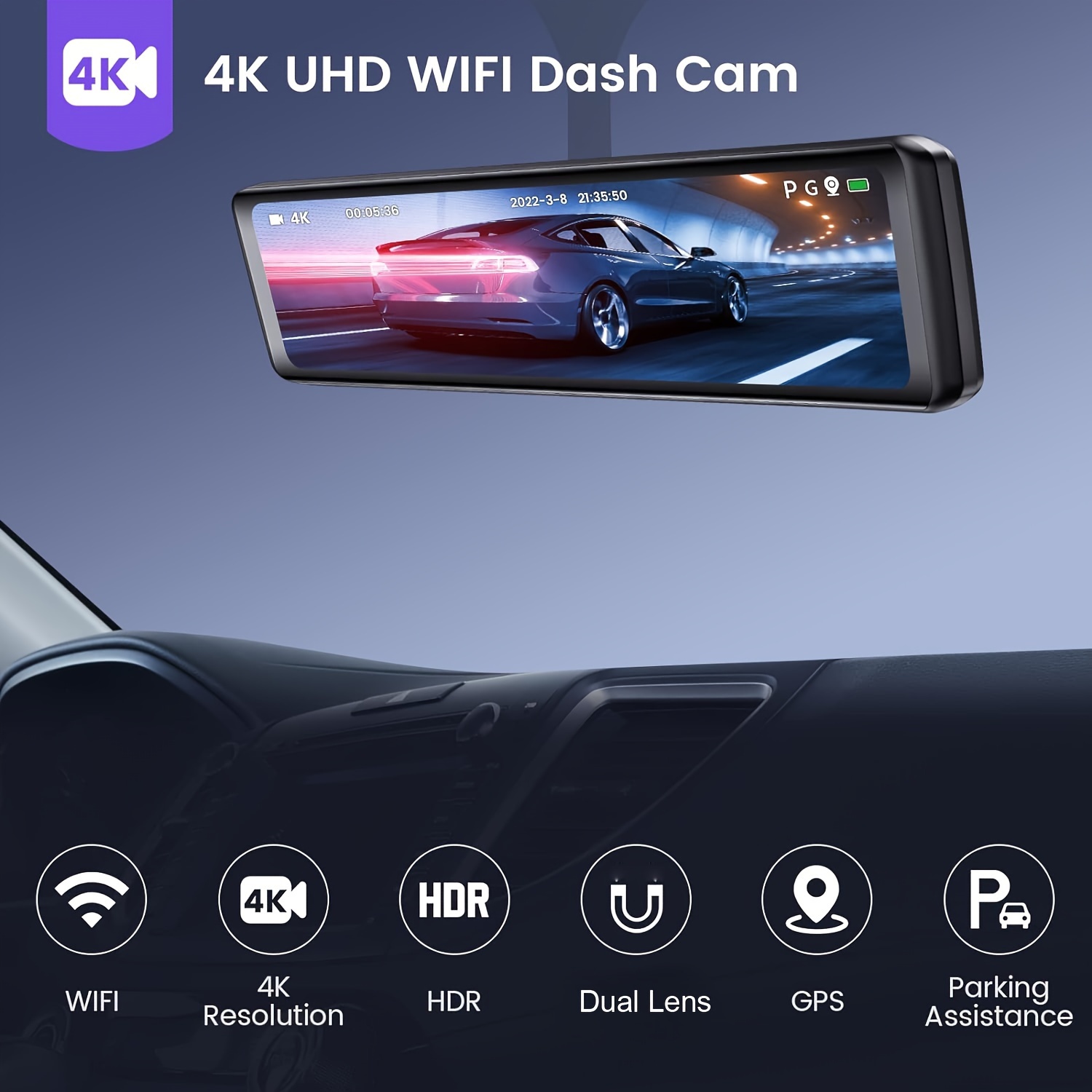 4k Mirror Dash Cam Delantero Trasero Wifi Incorporado Gps - Temu