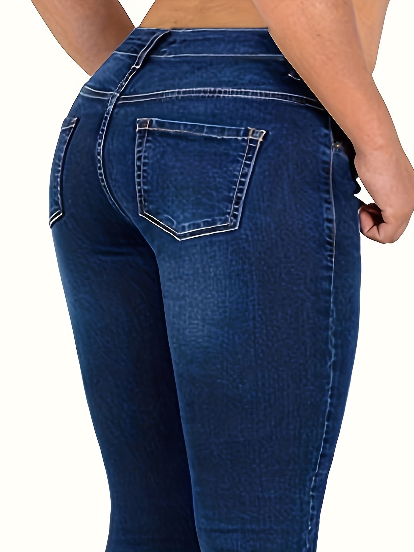 Blue Slim Fit Cropped Jeans, Slash Pockets Mid-Stretch Capris Denim Pants,  Women's Denim Jeans & Clothing