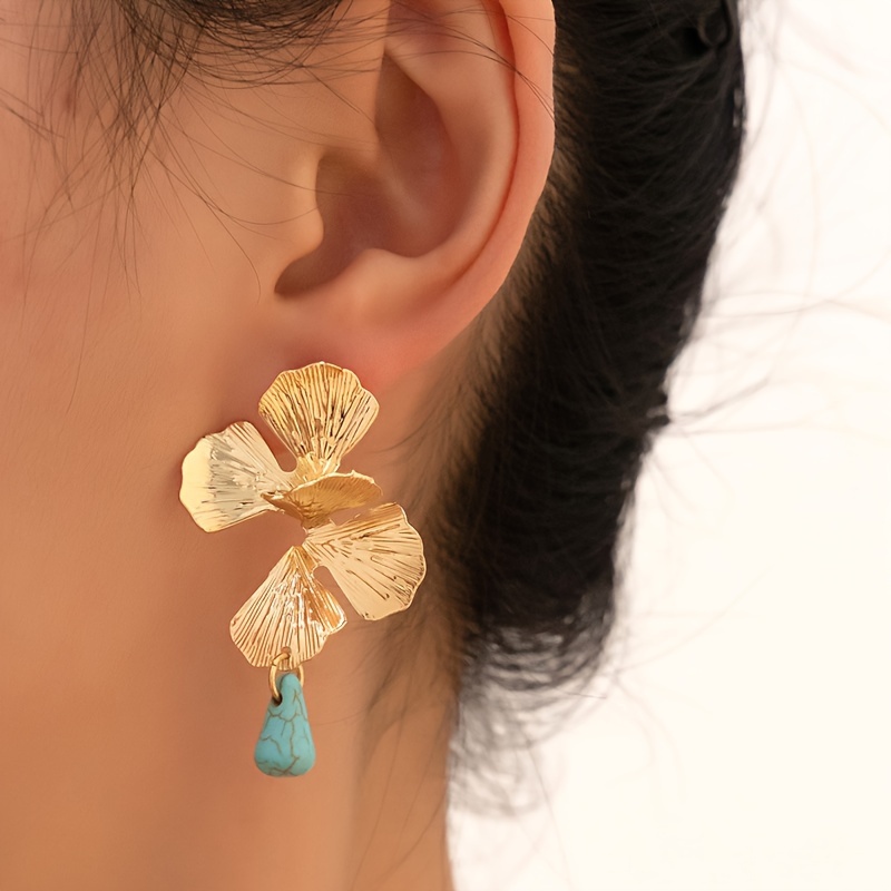 

Unique Creative Flower Design Stud Earrings Alloy Jewelry Embellished With Tiny Turquoise Pendant Vintage Bohemian Style Party Earrings