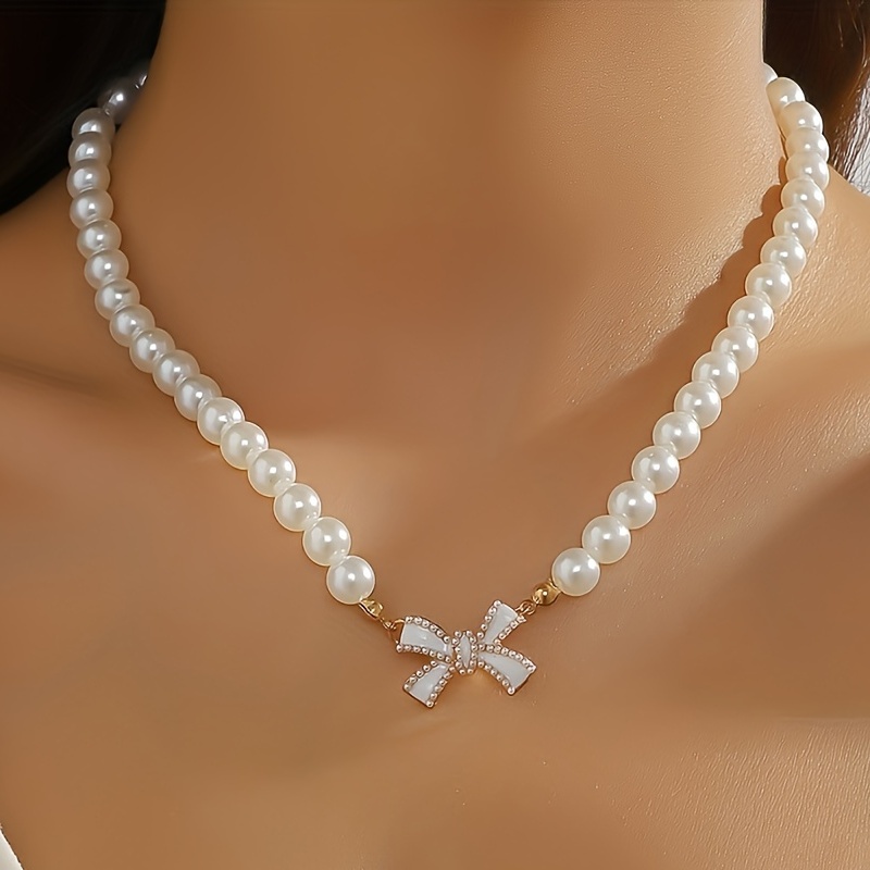 Imitation Pearl Bowknot Pendant Necklace Women's Clavicle - Temu