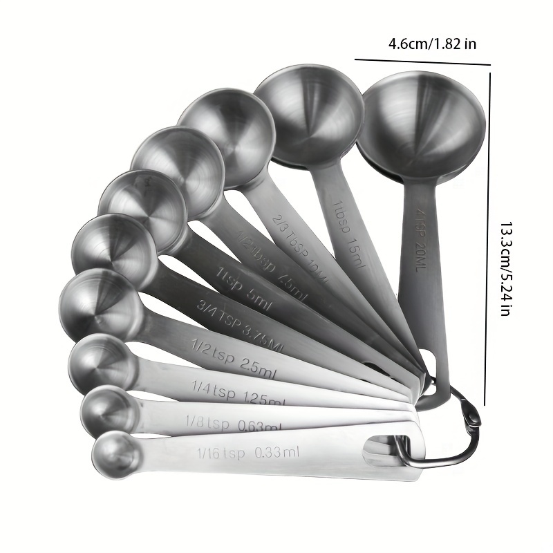 18/8 Stainless Steel Measuring Spoon Set of 9 Kitchen Measuring Spoons: 1/16  tsp,1/8 tsp,1/4 tsp,1/3 tsp,1/2 tsp,3/4 tsp,1 tsp,1/2 tbsp 1 tbsp for  Cooking Liquid and Solid Ingredients 