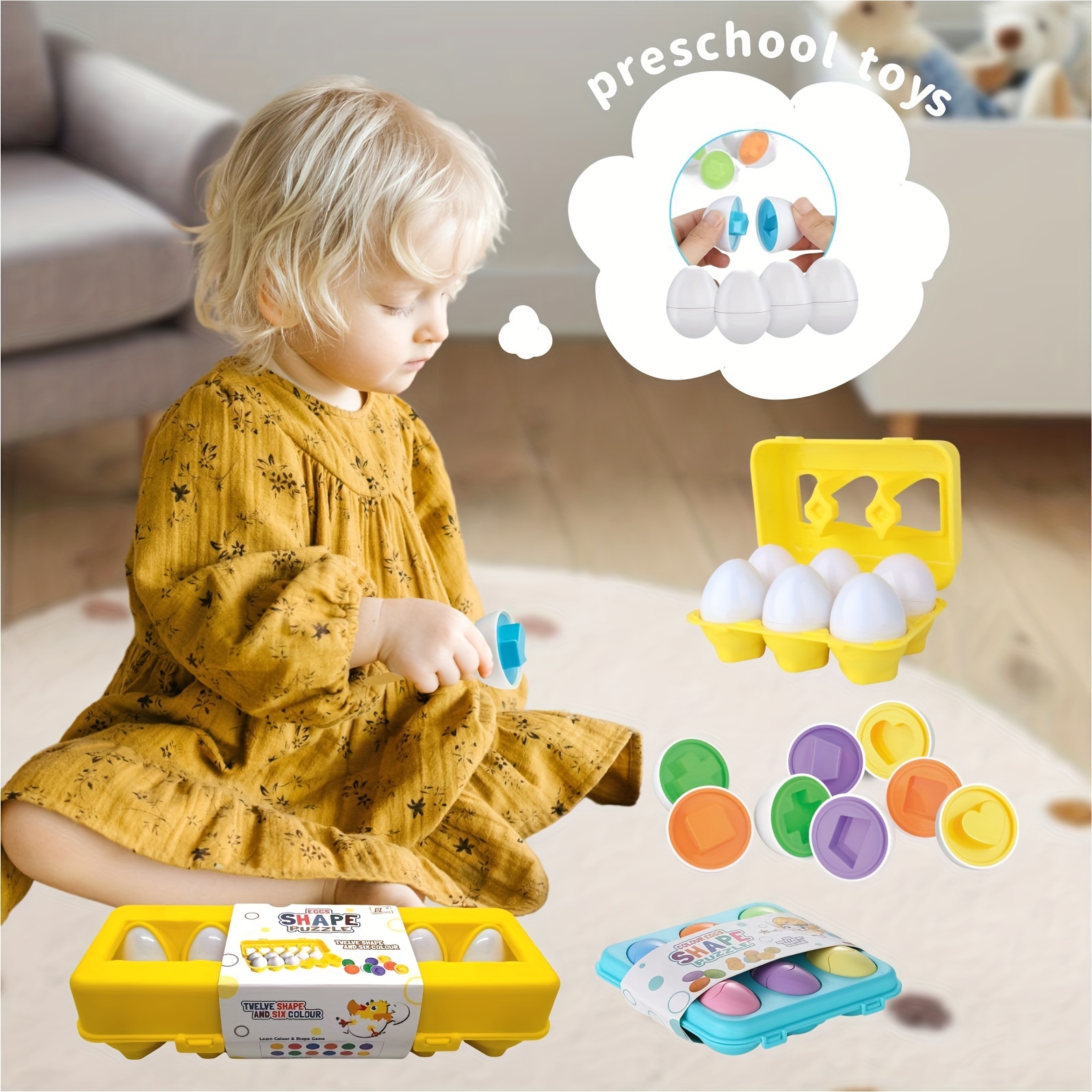 6 pièces ou 12 pièces, oeufs assortis, avec un support jaune ou bleu, oeufs  de Pâques, décoration d'oeuf de Pâques, jouet éducatif précoce, jouet pour  tout-petit, jouets de reconnaissance de forme et