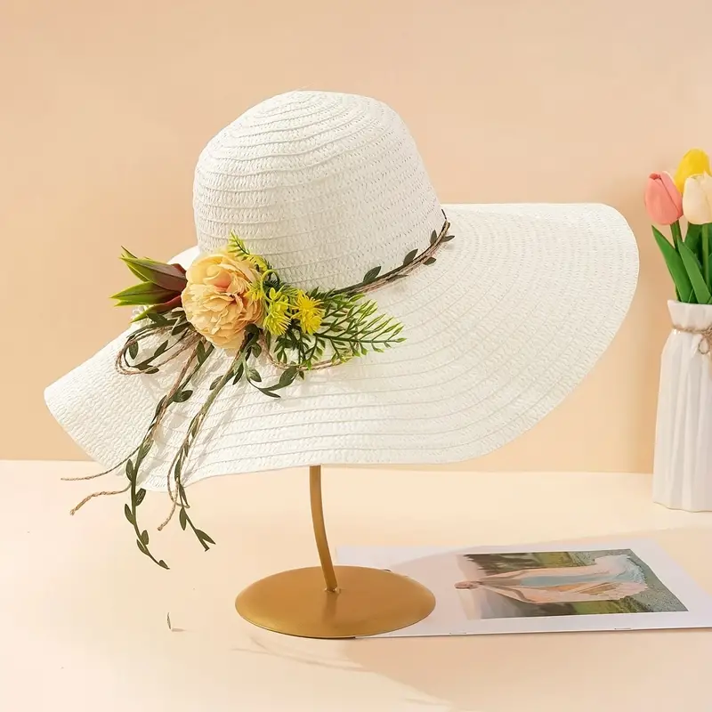1 Sombrero De Paja Bohemio Con Decoración De Plantas Florales Rosas Para  Mujer Para Vacaciones En La Playa, Sombrero Para El Sol Con Protección Solar