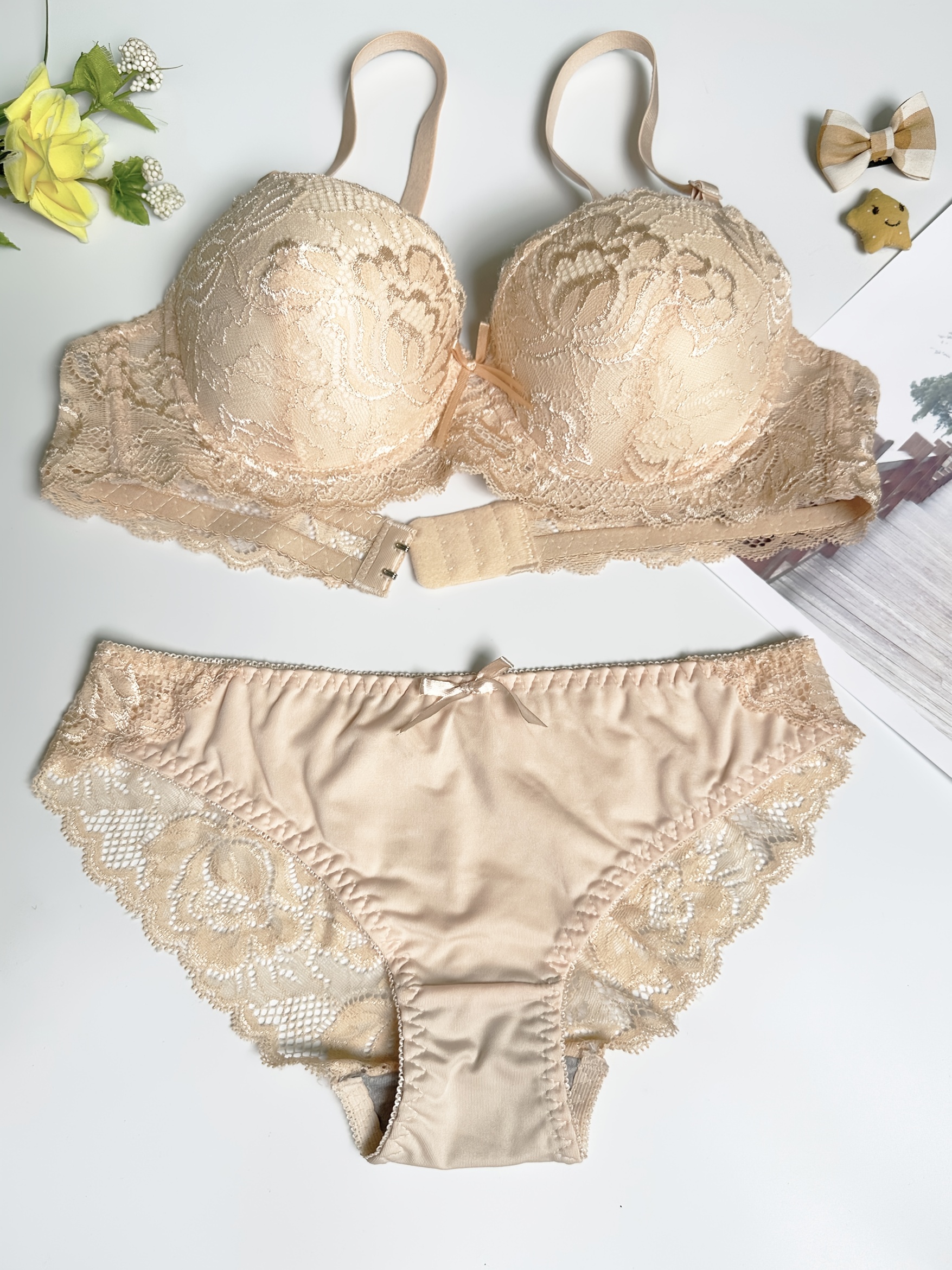 2 Sets Floral Lace Lingerie Set, Comfortable & Breathable Unlined Triangle  Bras & Semi-Sheer Panties, Women's Lingerie & Underwear