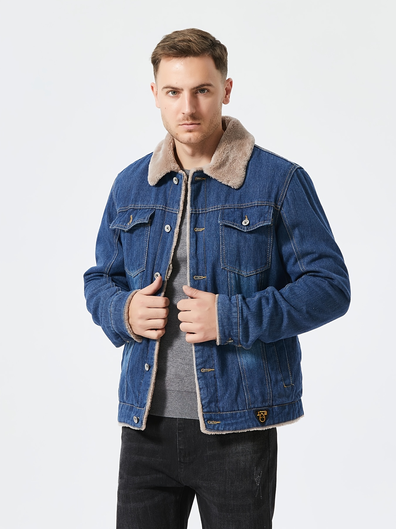 Men's Winter Jacket Casual Coat Lapel Jacket Denim Warm Fur Collar Fleece  Lined