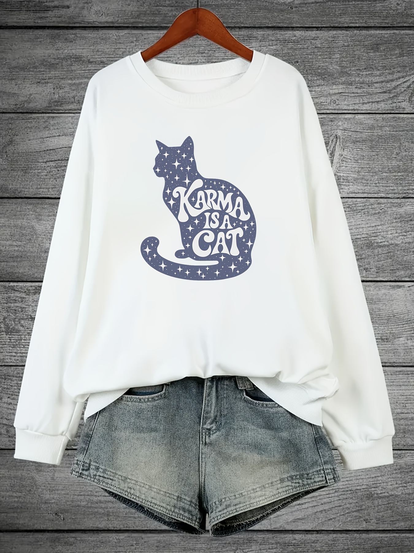 Cat Letter Print Sweatshirt Plus Size Casual Long Sleeve Temu Australia