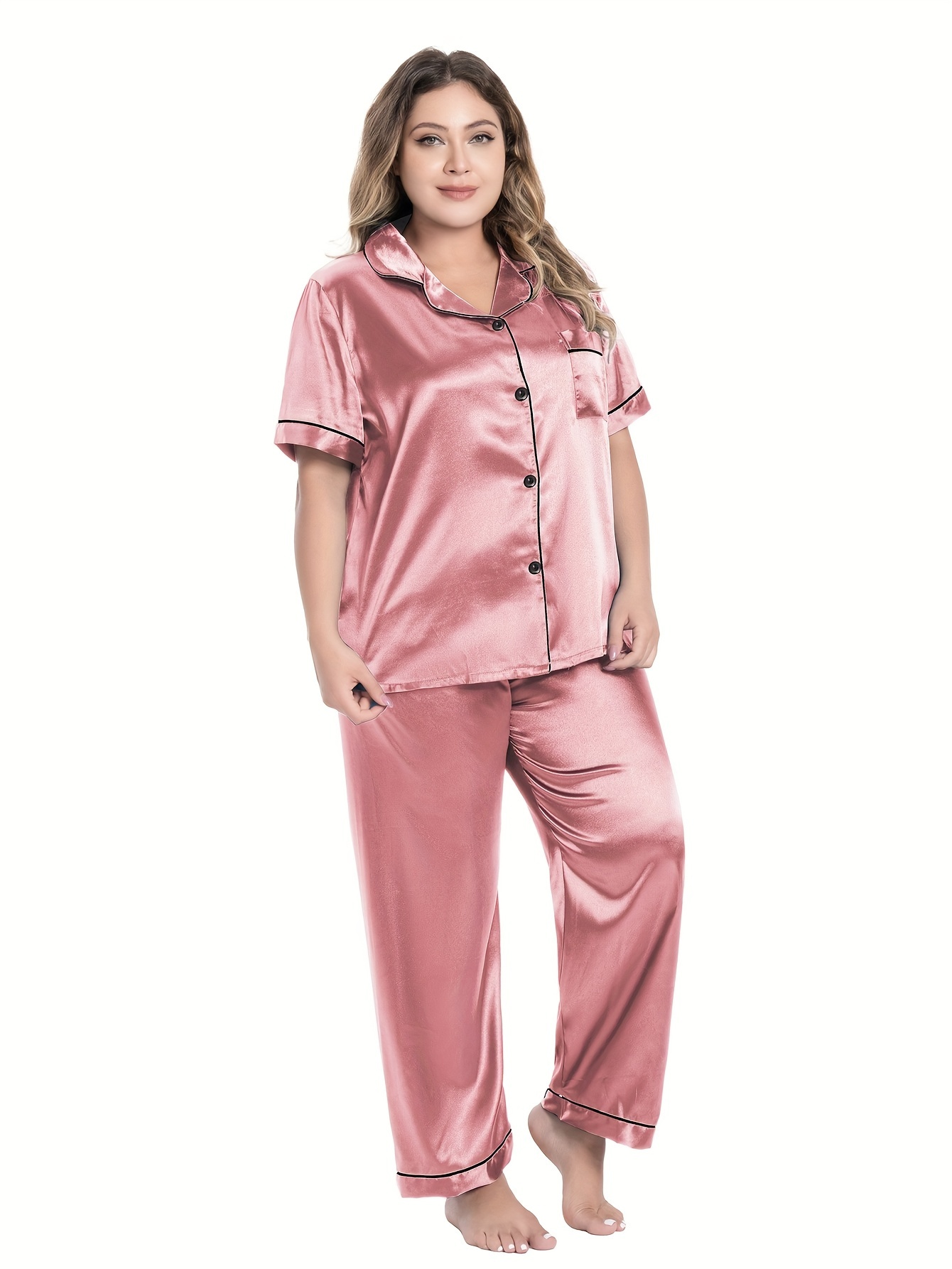 Plus Size Satin Button Up Short Sleeve Top Pants Pajama Set - Temu