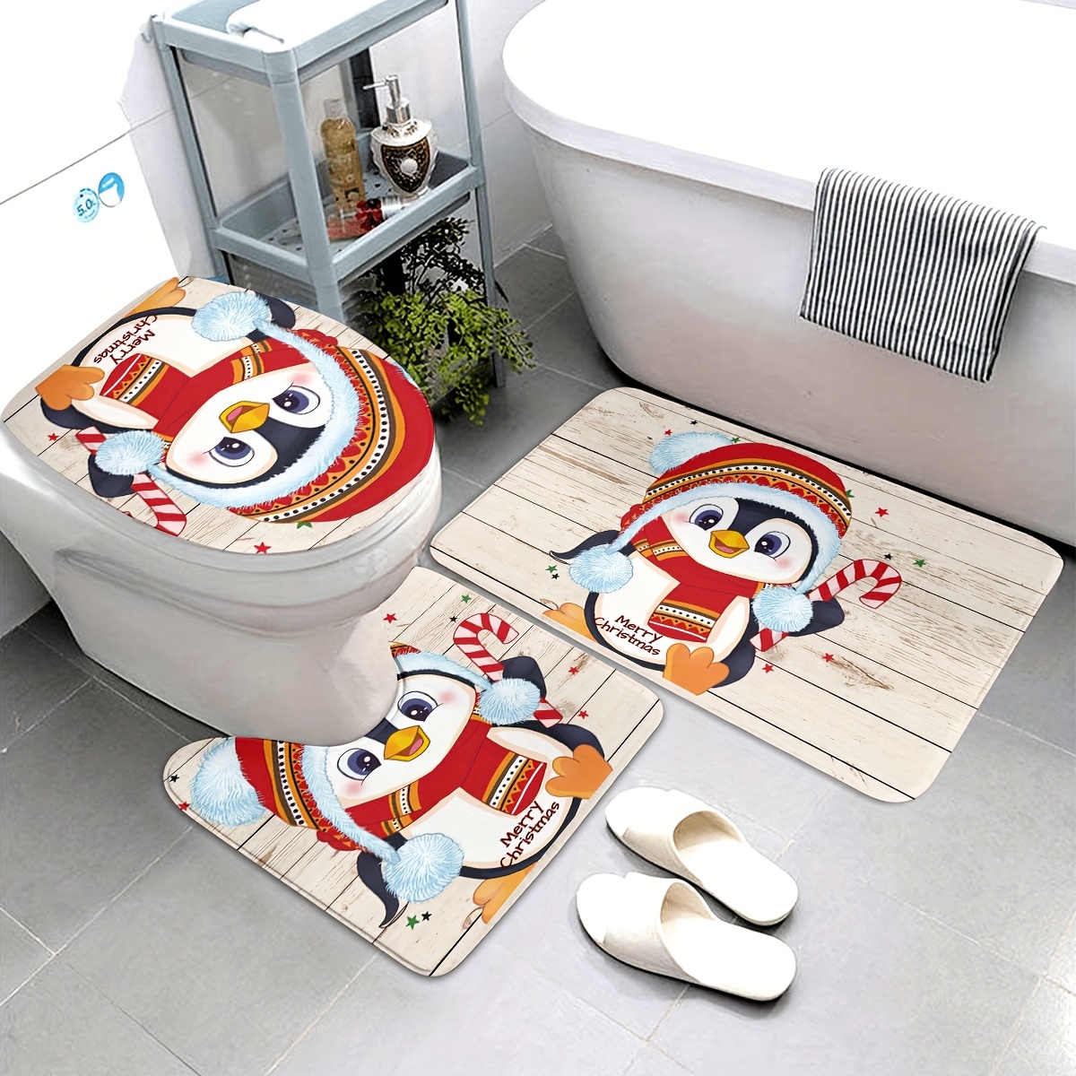 Image of 3pcs/set Christmas Printed Floor Mat, Three-piece Bathroom Mat Set, Non-slip Mat, Water-absorbent Mat, Toilet Lid Mat, Toilet U-shaped Mat, Floor Rugs
