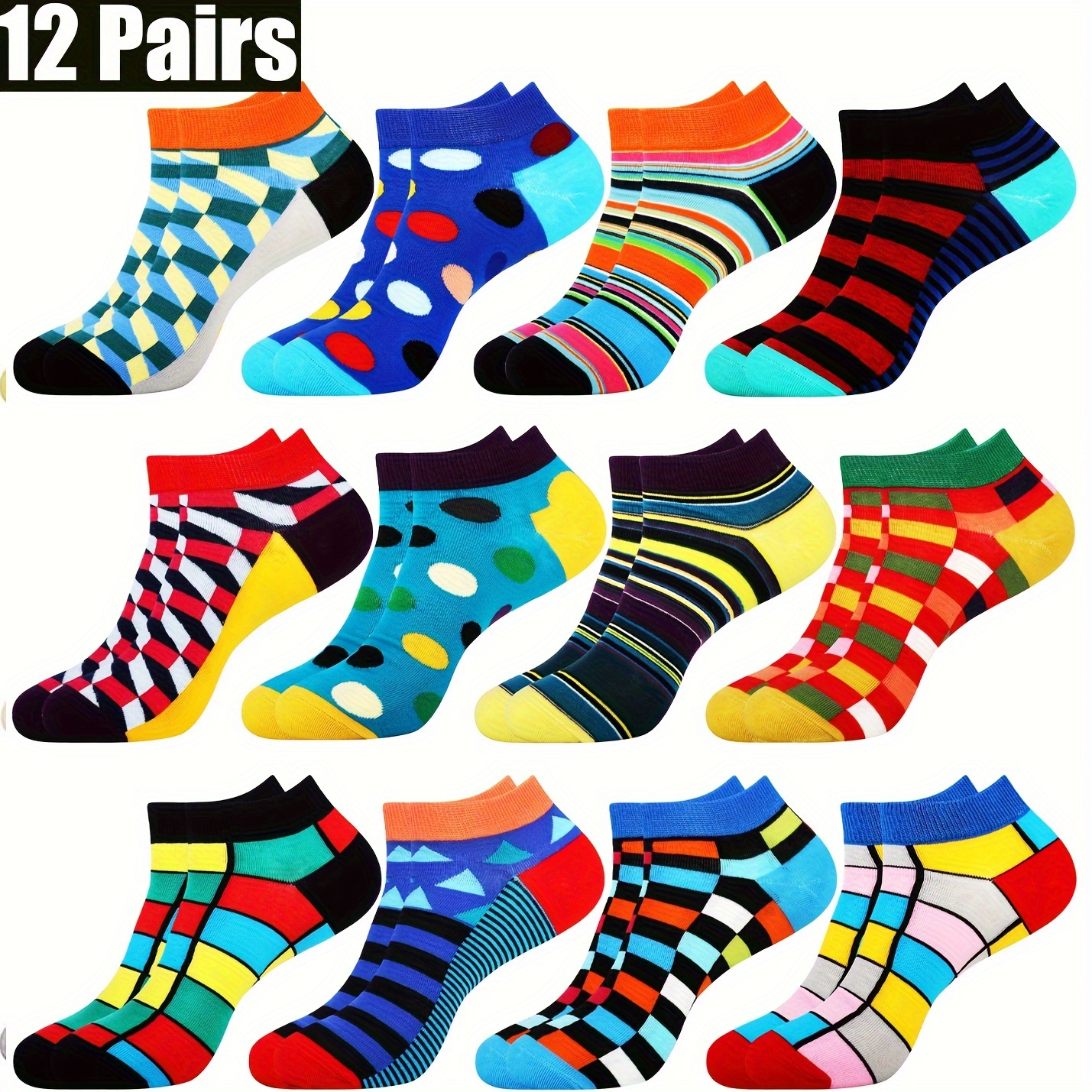 

12 Pairs Of Men's Colorful Striped Various Pattern Liner Anklets Socks, Comfy Breathable Soft Sweat Absorbent Socks For Men's Outdoor Wearing